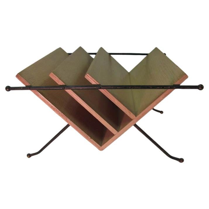 American Style of Raymond Loewy Mid-Century Modern Iron and Wood Magazine Rack For Sale