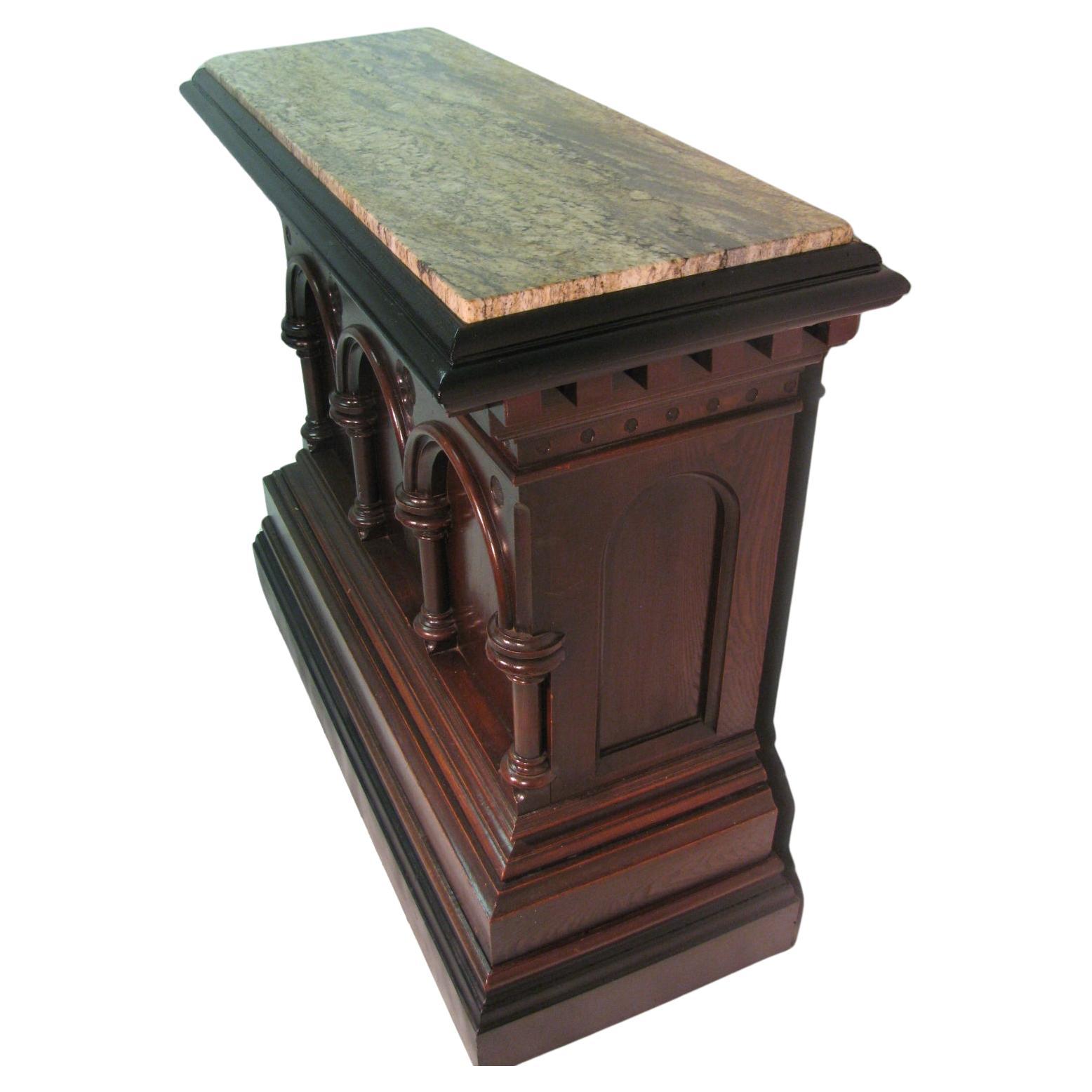 American Neoclassical Carved Gothic Oak Bar with Marble Top For Sale