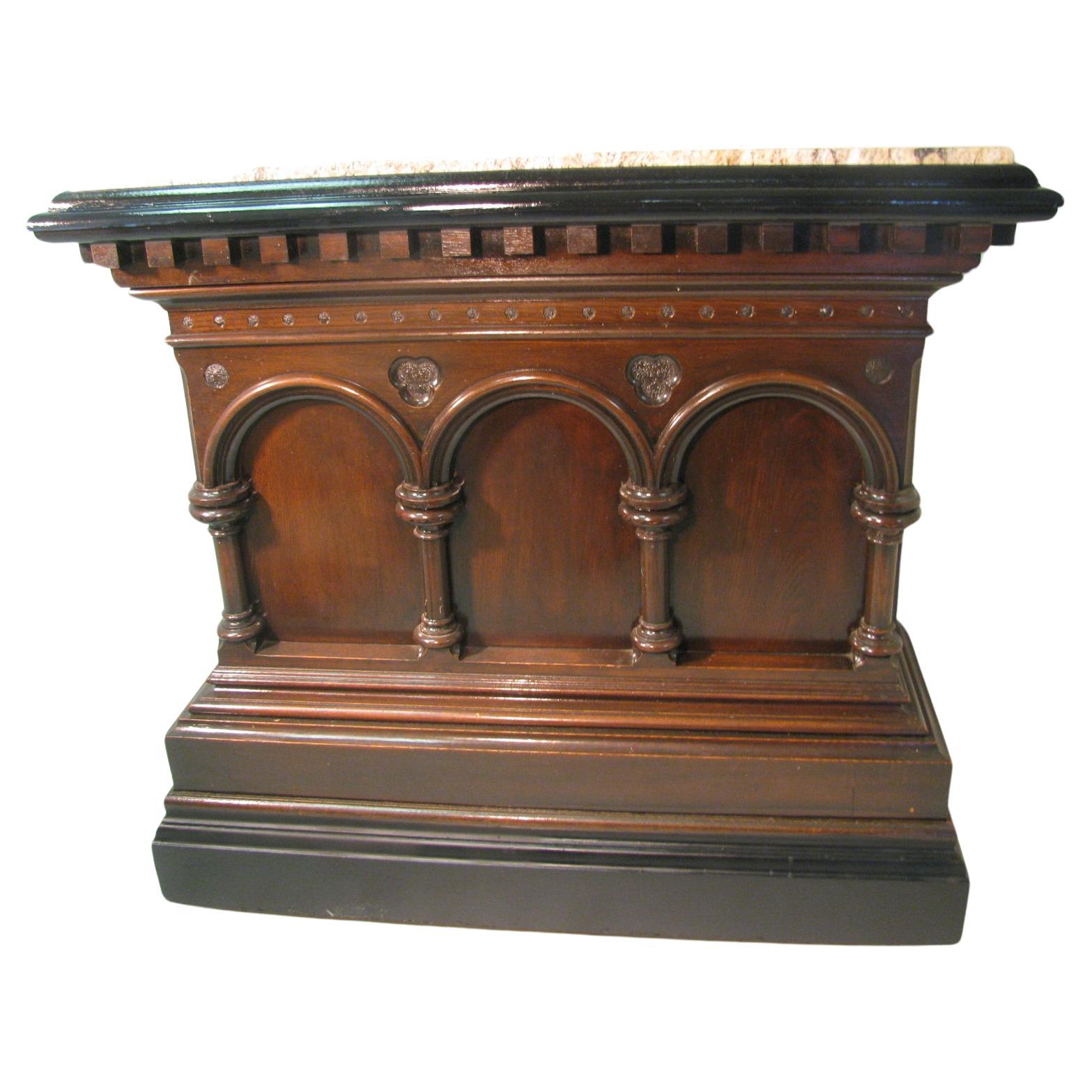 Gothic Revival Neoclassical Carved Gothic Oak Bar with Marble Top For Sale