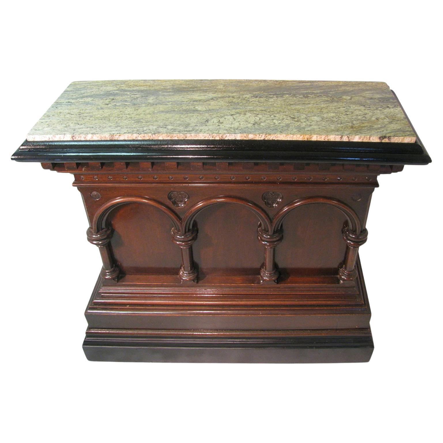 Neoclassical Carved Gothic Oak Bar with Marble Top