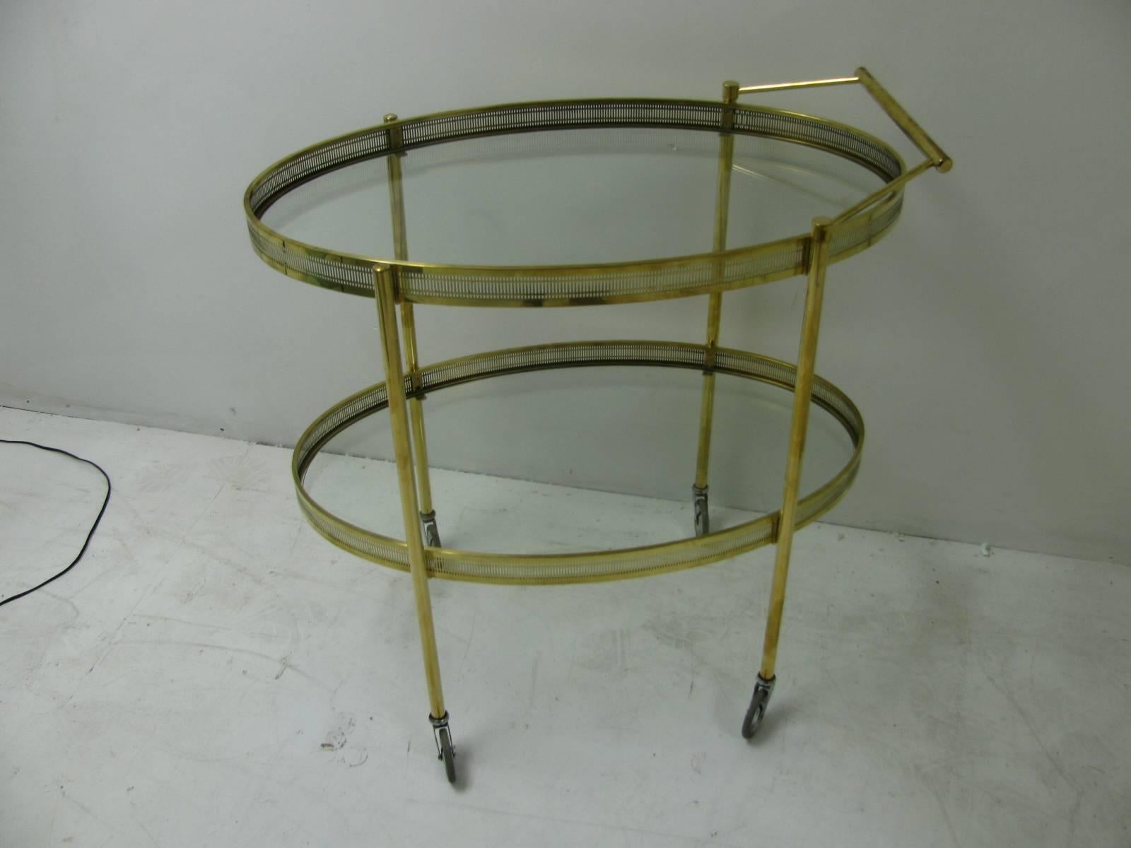 Mid-20th Century Mid-Century Modern Oval Brass with Glass Bar Cart For Sale