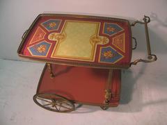 Mid-Century Figural Brass with Hand-Painted Tray Bar Tea Cart