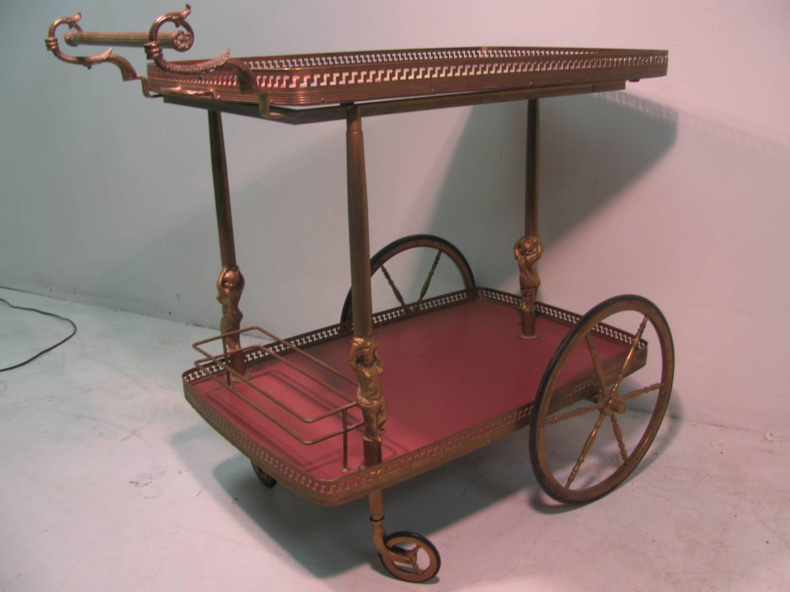 Baroque Revival Mid-Century Figural Brass with Hand-Painted Tray Bar Tea Cart