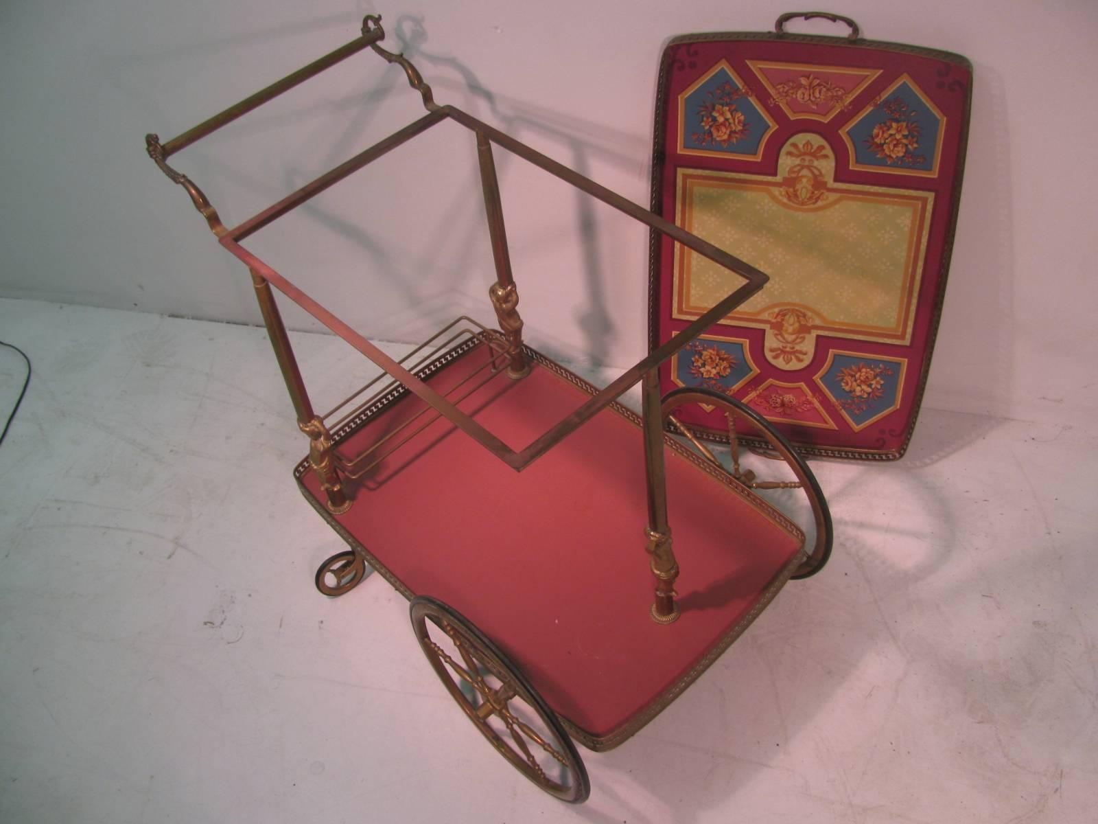 Mid-Century Figural Brass with Hand-Painted Tray Bar Tea Cart 1