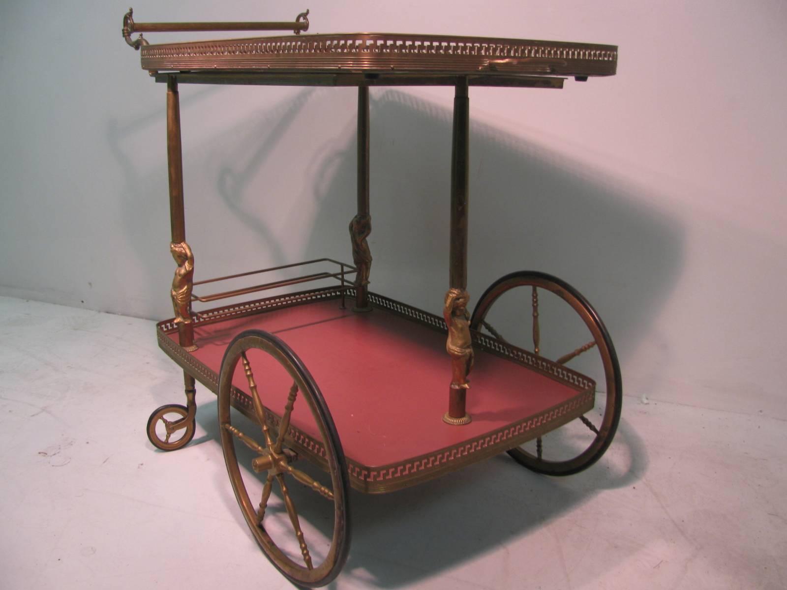 Mid-Century Figural Brass with Hand-Painted Tray Bar Tea Cart 2