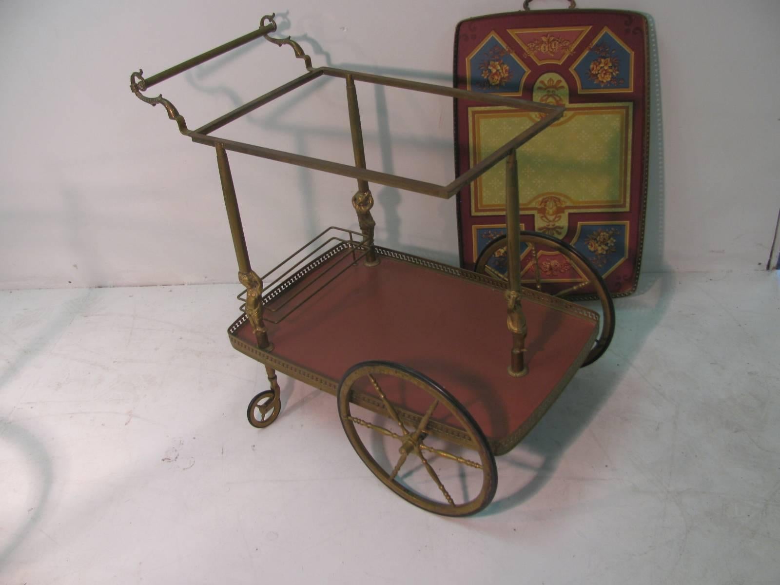 Mid-Century Figural Brass with Hand-Painted Tray Bar Tea Cart 3