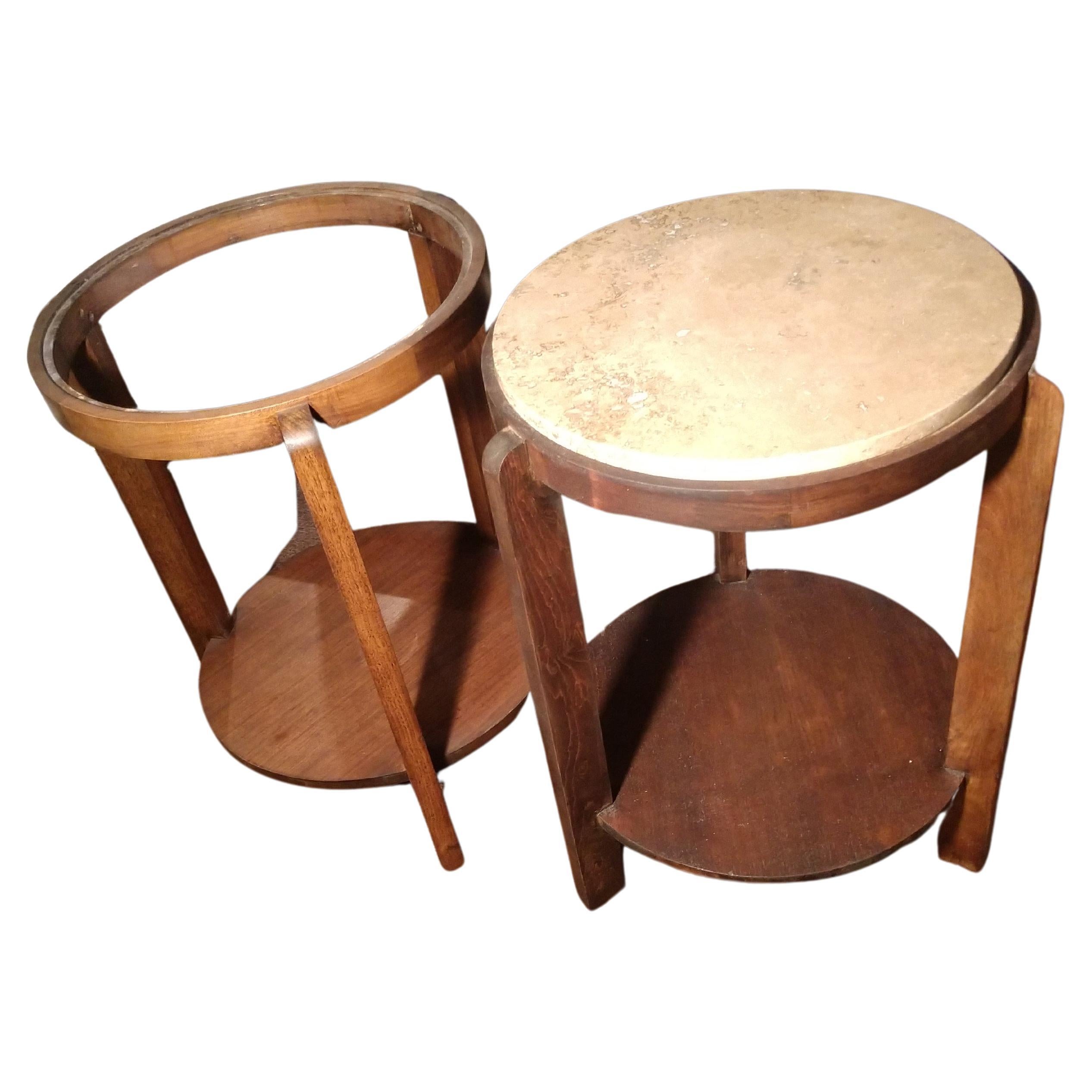 Hand-Crafted Pair of  Art Deco Mid-Century Modern Travertine & Walnut Gueridon End Tables For Sale