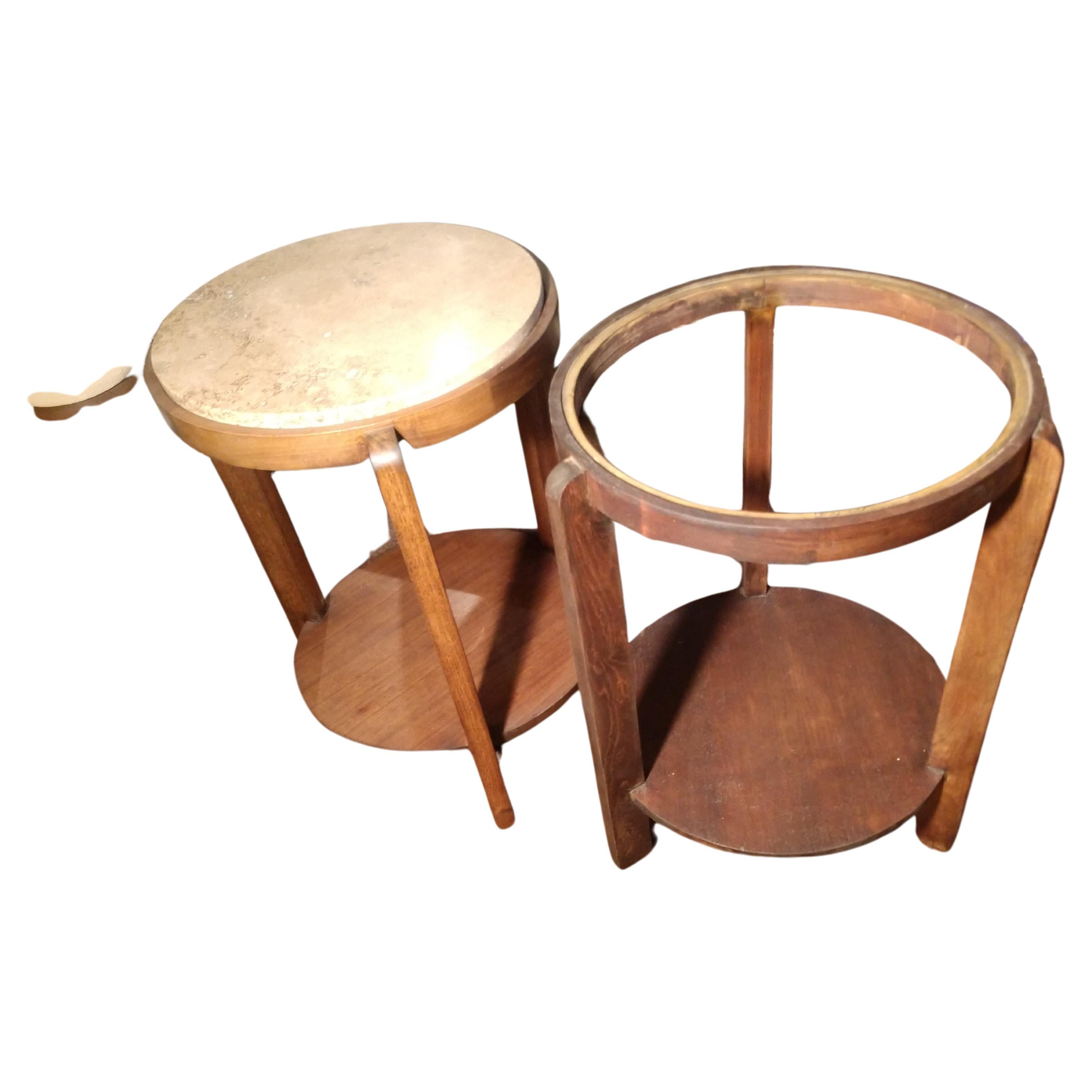 American Pair of  Art Deco Mid-Century Modern Travertine & Walnut Gueridon End Tables For Sale