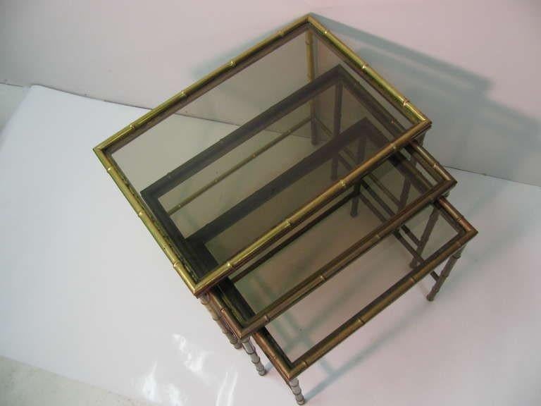 Neoclassical Mid Century Modern Faux Bamboo Brass Nesting Tables, Italy For Sale