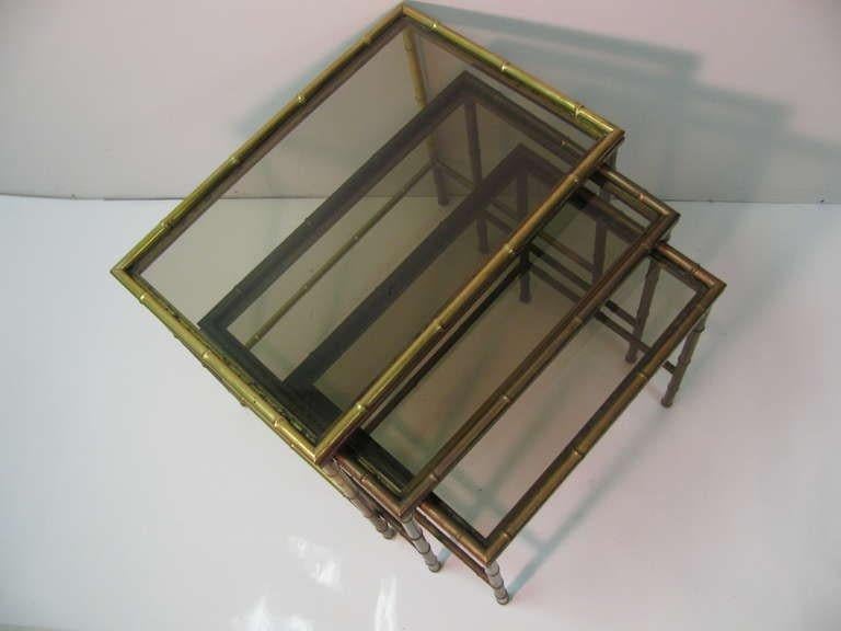 Mid Century Modern Faux Bamboo Brass Nesting Tables, Italy In Good Condition For Sale In Port Jervis, NY