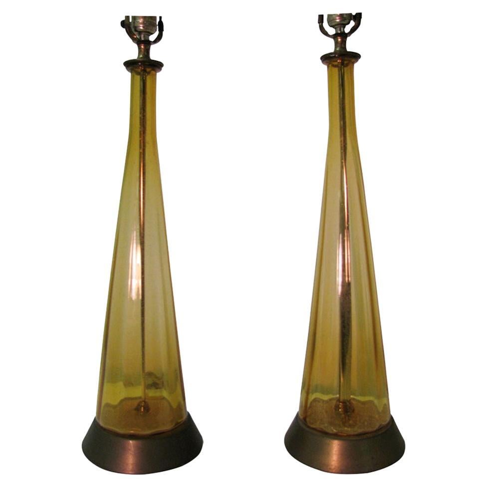 Pair of Tall Tapered & Fluted Mid-Century Modern Italian Glass Table Lamps For Sale