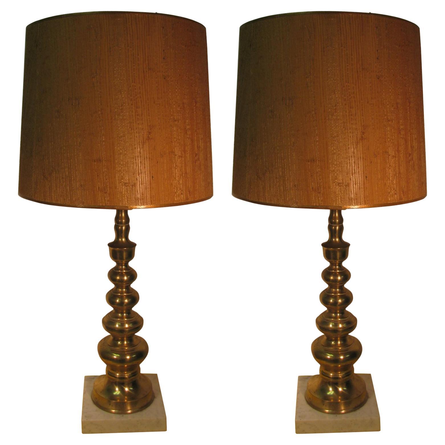 Pair of Mid-Century Modern Tapered Brass Table Lamps For Sale