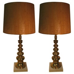 Vintage Pair of Mid-Century Modern Tapered Brass Table Lamps