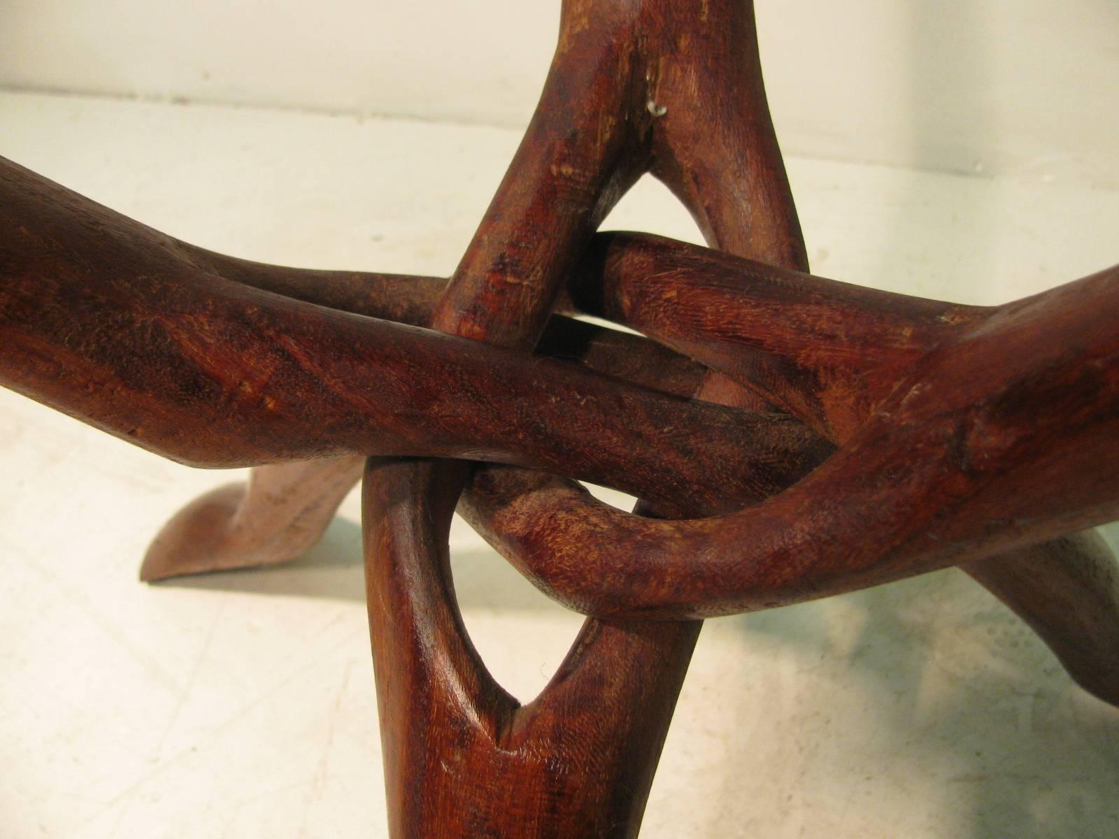 Brazilian Mid Century Hand-Carved Figural Plant Stand with Figural Teak Stand and Bowl