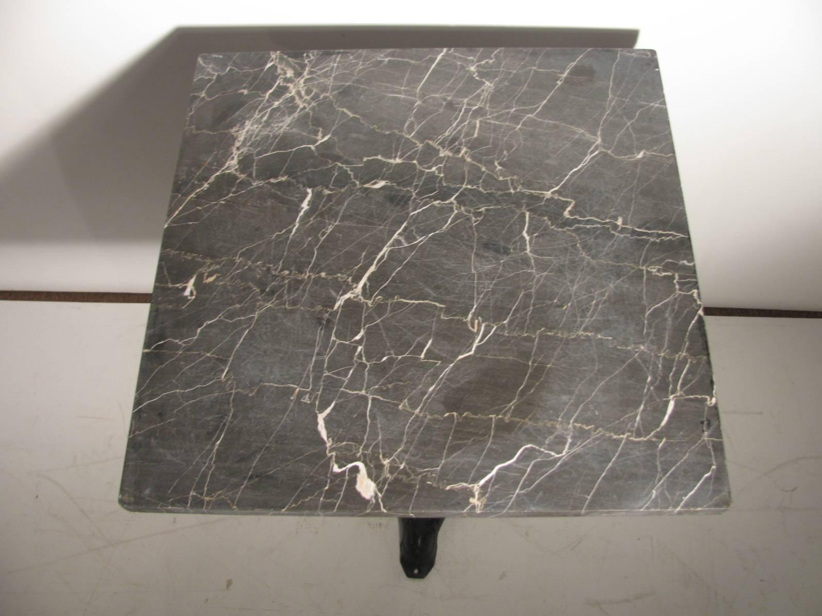 American Mid Century Grey Marble Cafe Table with Cast Dolphin Iron Base
