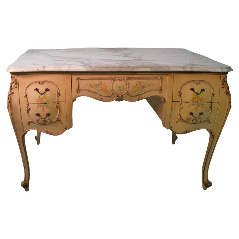 Mid-20th Century Mid Century Louis XV Bombe Hand-Carved Paint Decorated Marble-Top Desk & Chair For Sale