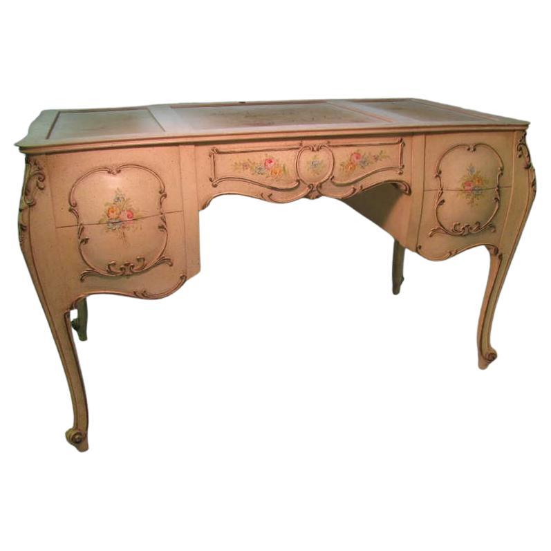 American Mid Century Louis XV Bombe Hand-Carved Paint Decorated Marble-Top Desk & Chair For Sale