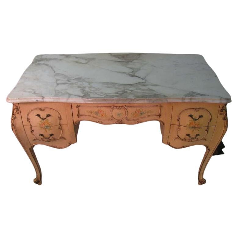 Mid Century Louis XV Bombe Hand-Carved Paint Decorated Marble-Top Desk & Chair For Sale