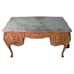 Used Mid Century Louis XV Bombe Hand-Carved Paint Decorated Marble-Top Desk & Chair