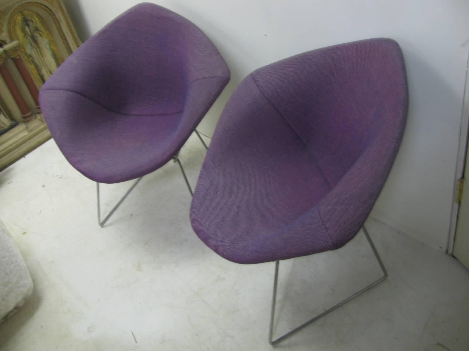 Pair of chrome with period 1970 purple fabric diamond chairs by Harry Bertoia for Knoll. Foam has dry spots. Fabric has faded a bit.