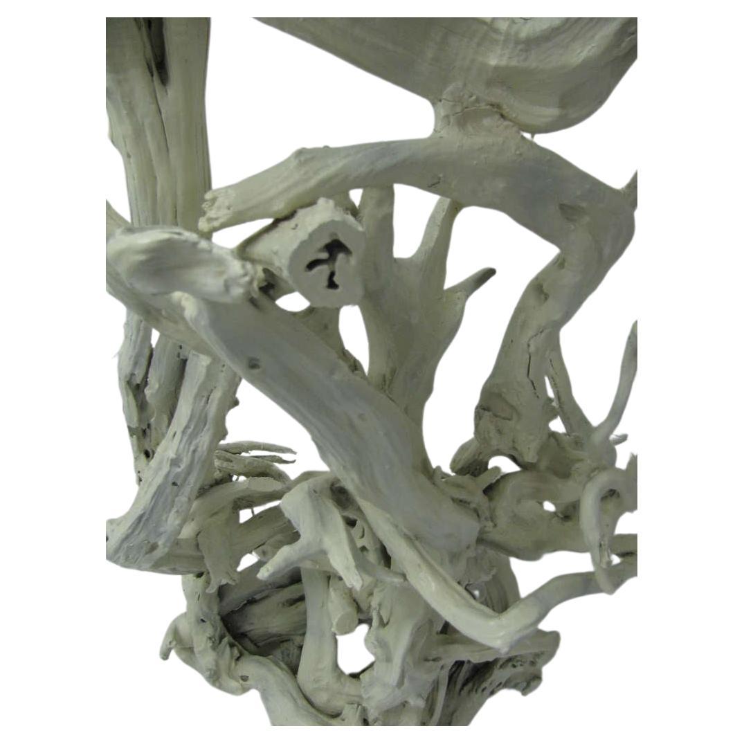 Assemblage of driftwood has a natural presence. Over six feet tall and every angle creates a different perspective. A very interesting and artistic sculpture. Lacquered in a bone white. 57 in. To top of socket. 79 to top of original driftwood