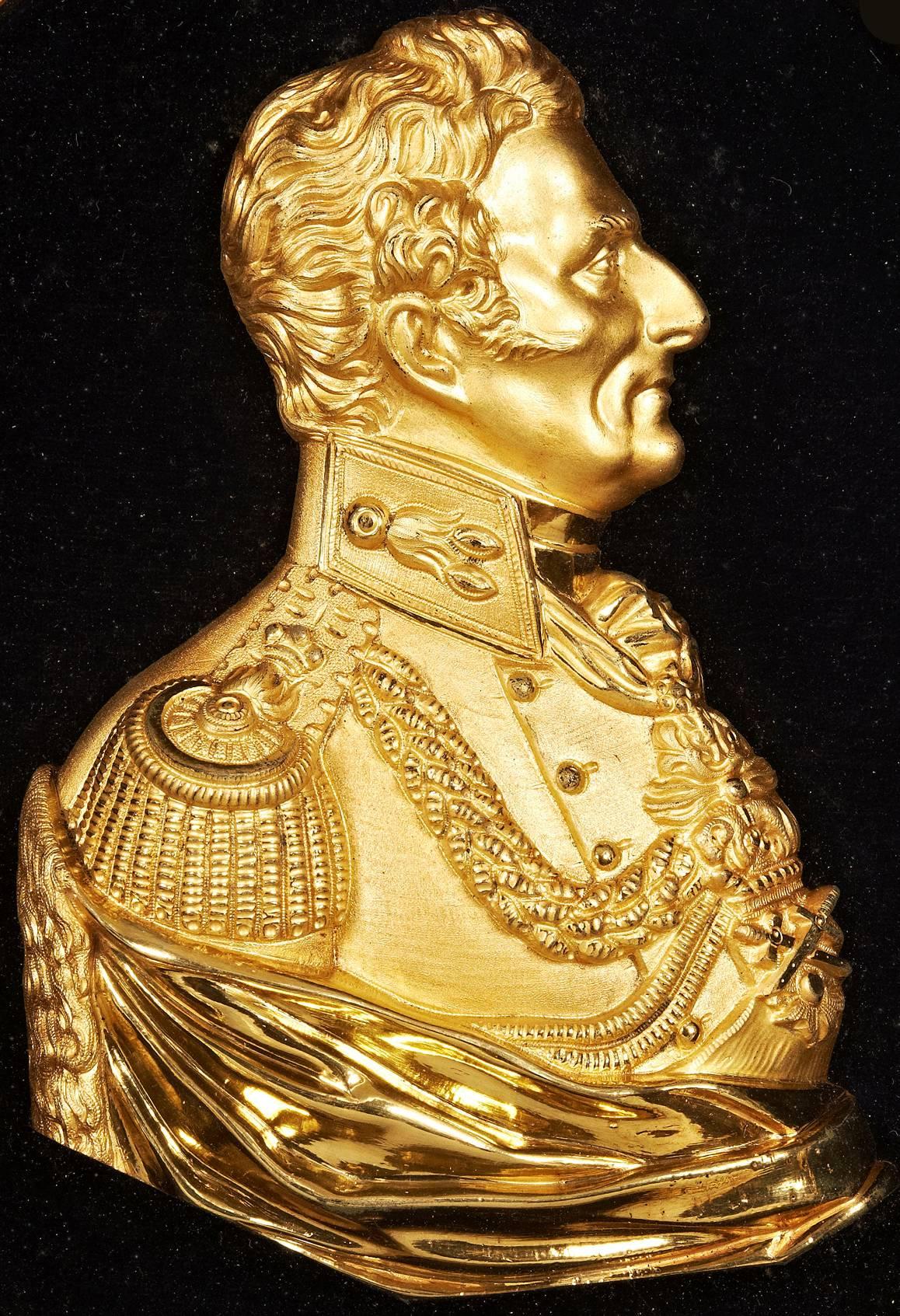 A gilt bronze plaque of The Duke of Wellington in uniform. The plaque is in its original oval gilt, shadow box frame which has prevented the gilt to the bronze tarnishing, leaving it with its high finish. The frame is decorative in itself and