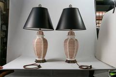 Mid-Century Gothic Print Ceramic Table Lamps, Pair