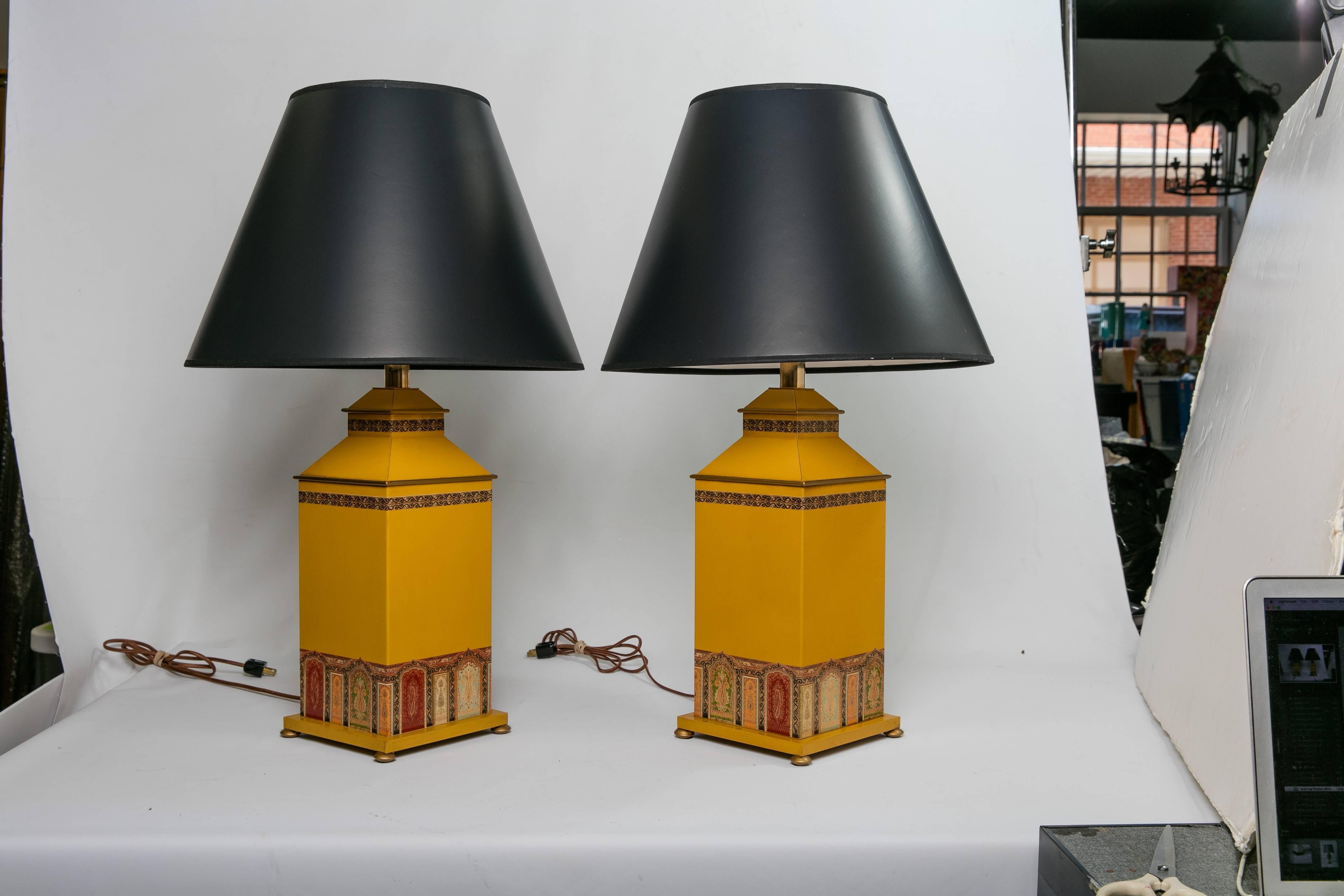 Anglo-Indian Etro Patterned Tole Table Lamps, Pair