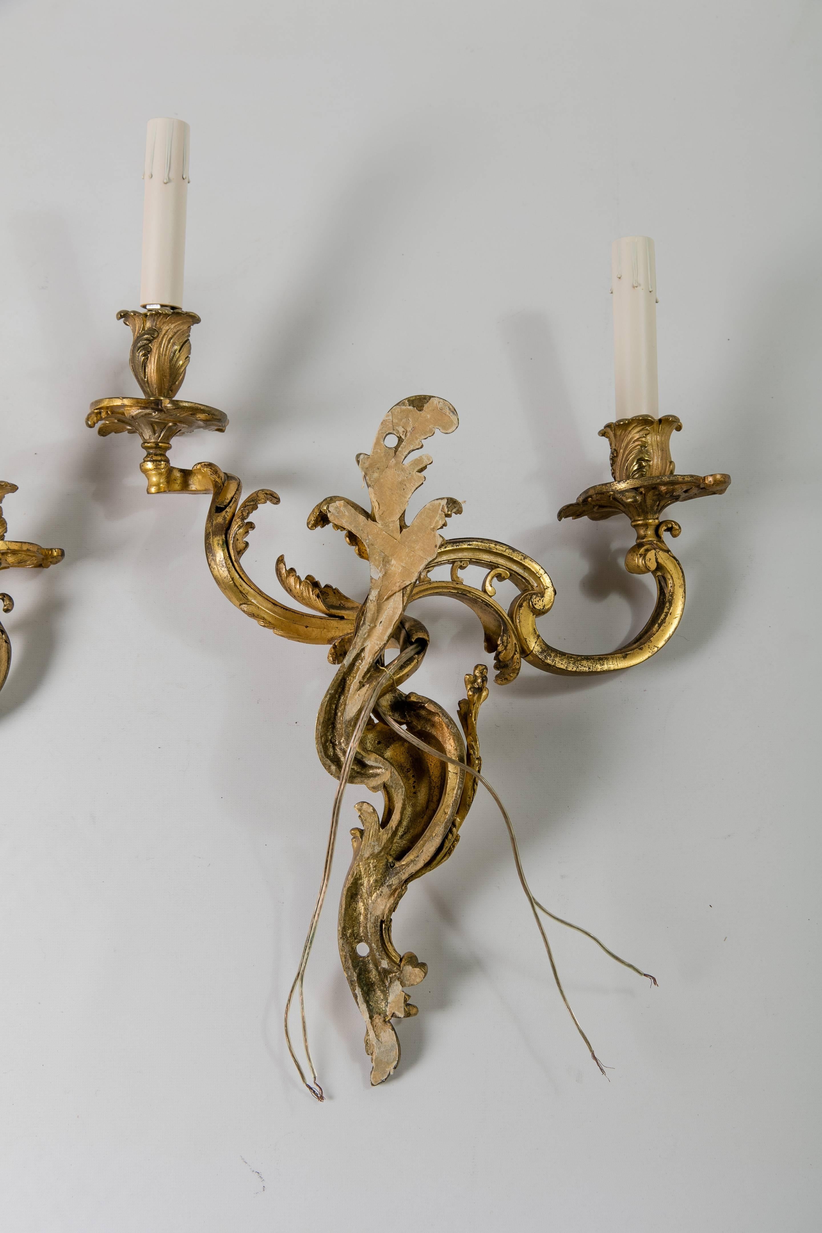 19th Century Gilded Bronze Rocco-Style French Sconces In Excellent Condition In High Point, NC