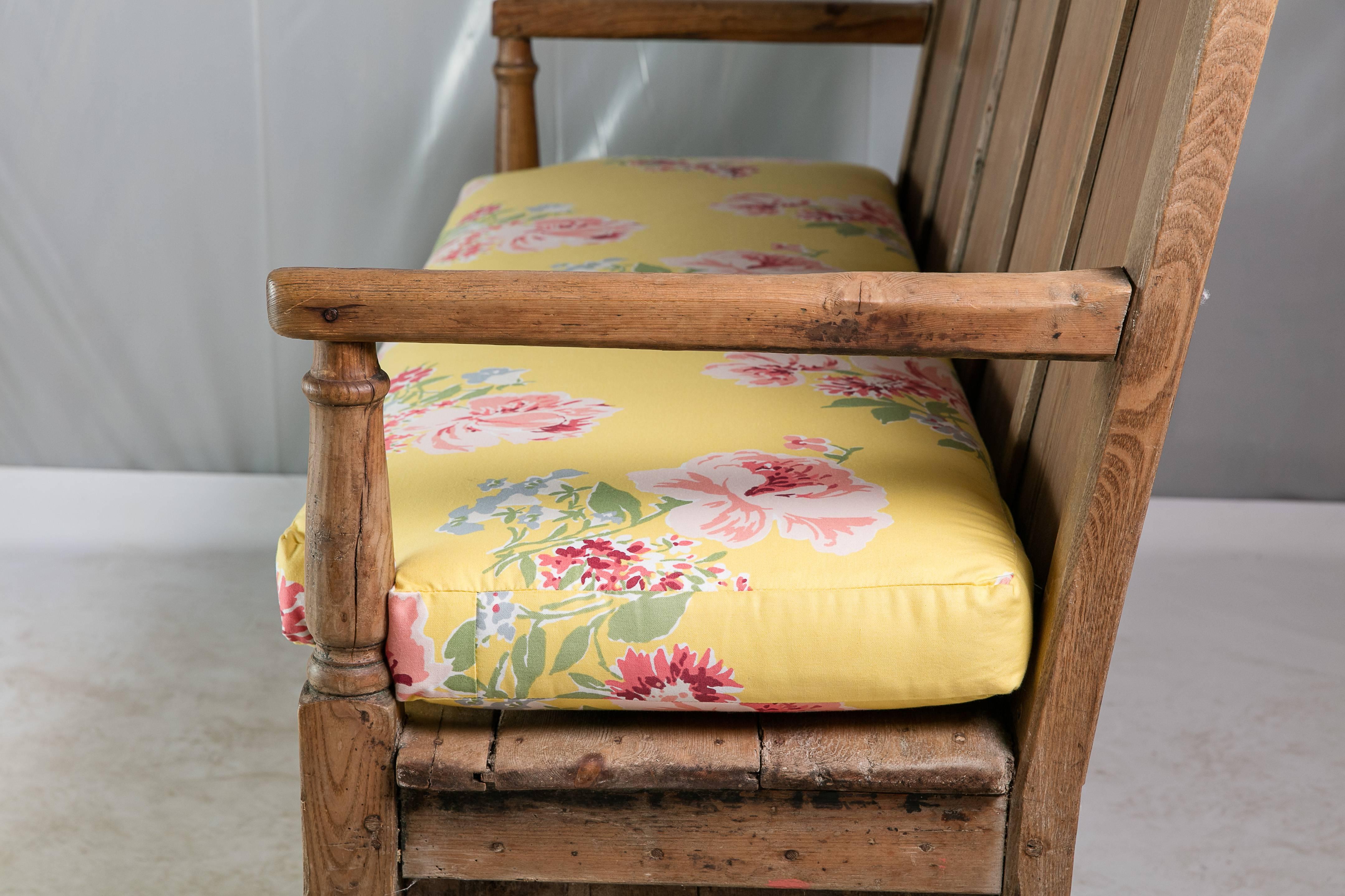 British Pine Bench with Floral Cushion, 19th Century English  For Sale