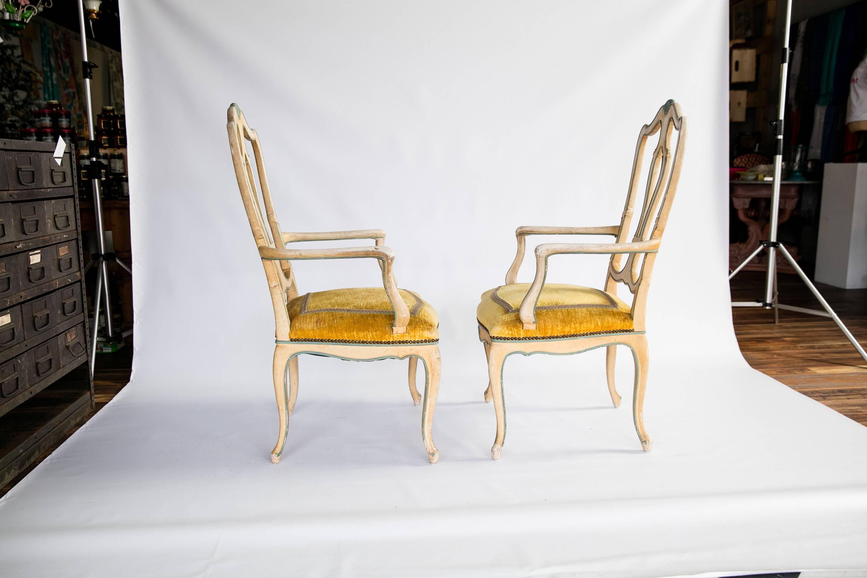 Rococo Baker Furniture Venetian Style Chairs with Velvet Seats and Shell Motif, 1960s For Sale