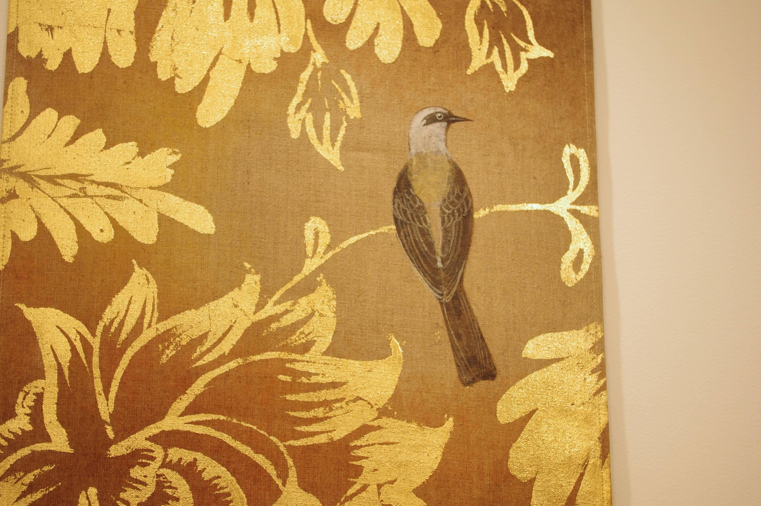 French artist.
Handmade.
Unique piece.
Contemporary art.
Chinoiserie style.
On linen with gilt decor.