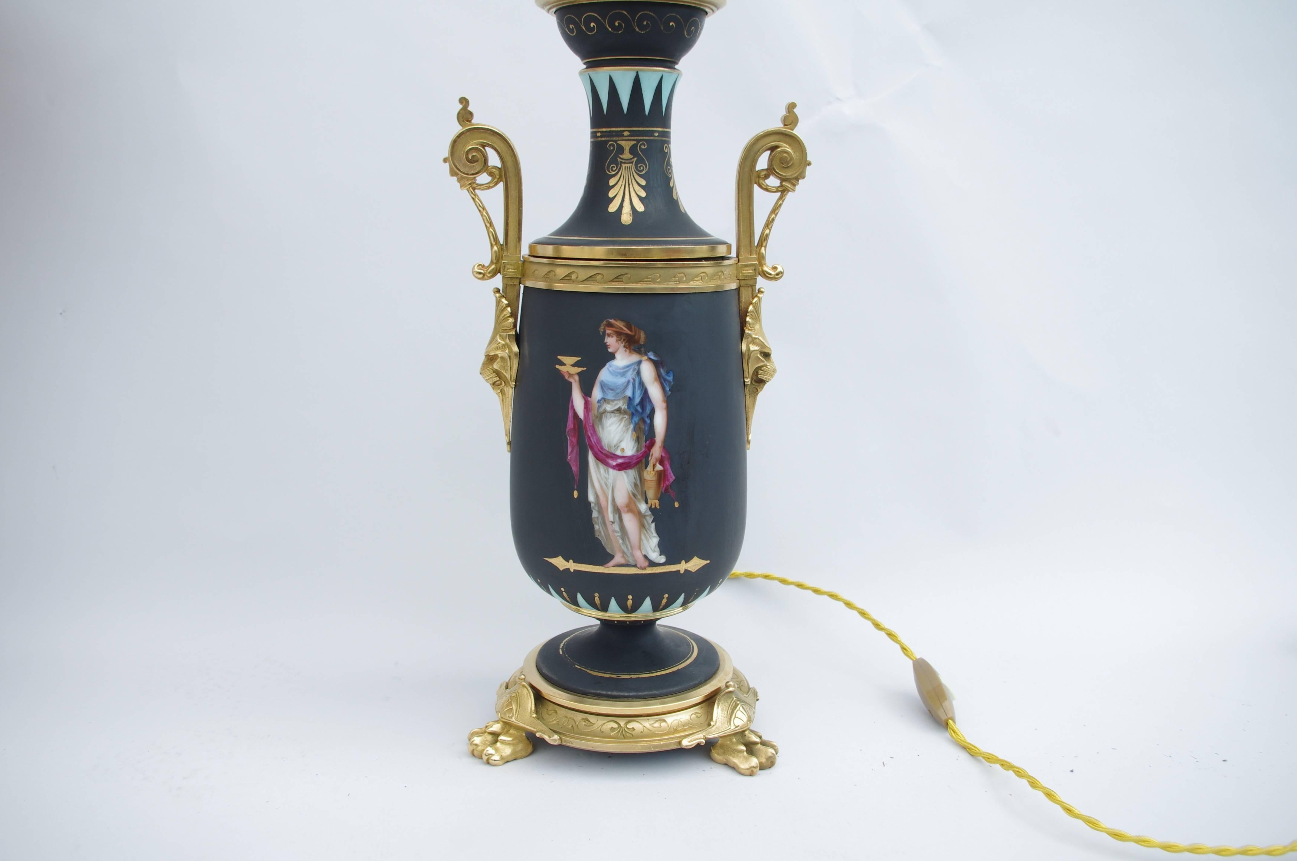 Pair of Neoclassical Style Black Matt Porcelain Lamps In Excellent Condition In Saint-Ouen, FR