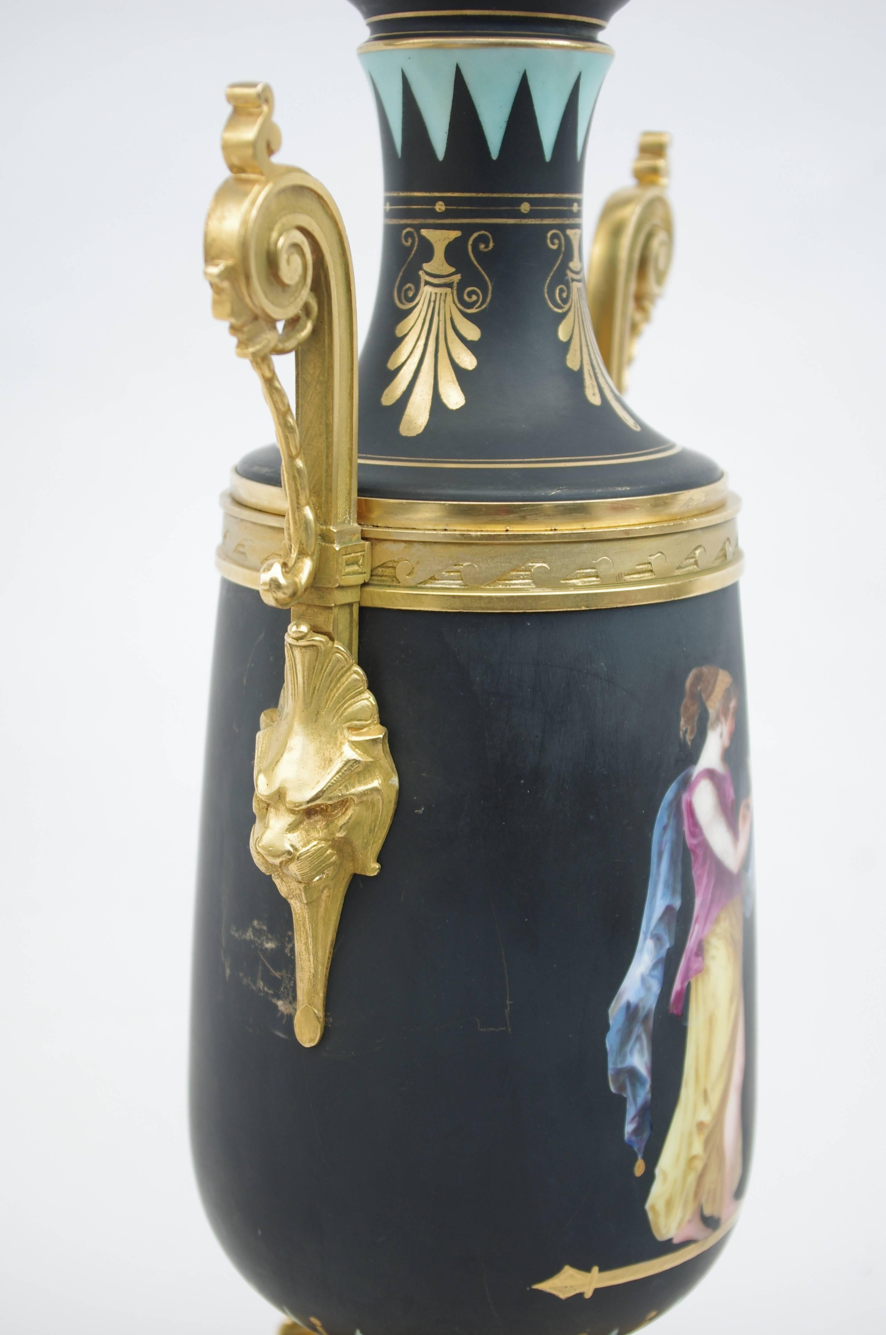 Late 19th Century Pair of Neoclassical Style Black Matt Porcelain Lamps