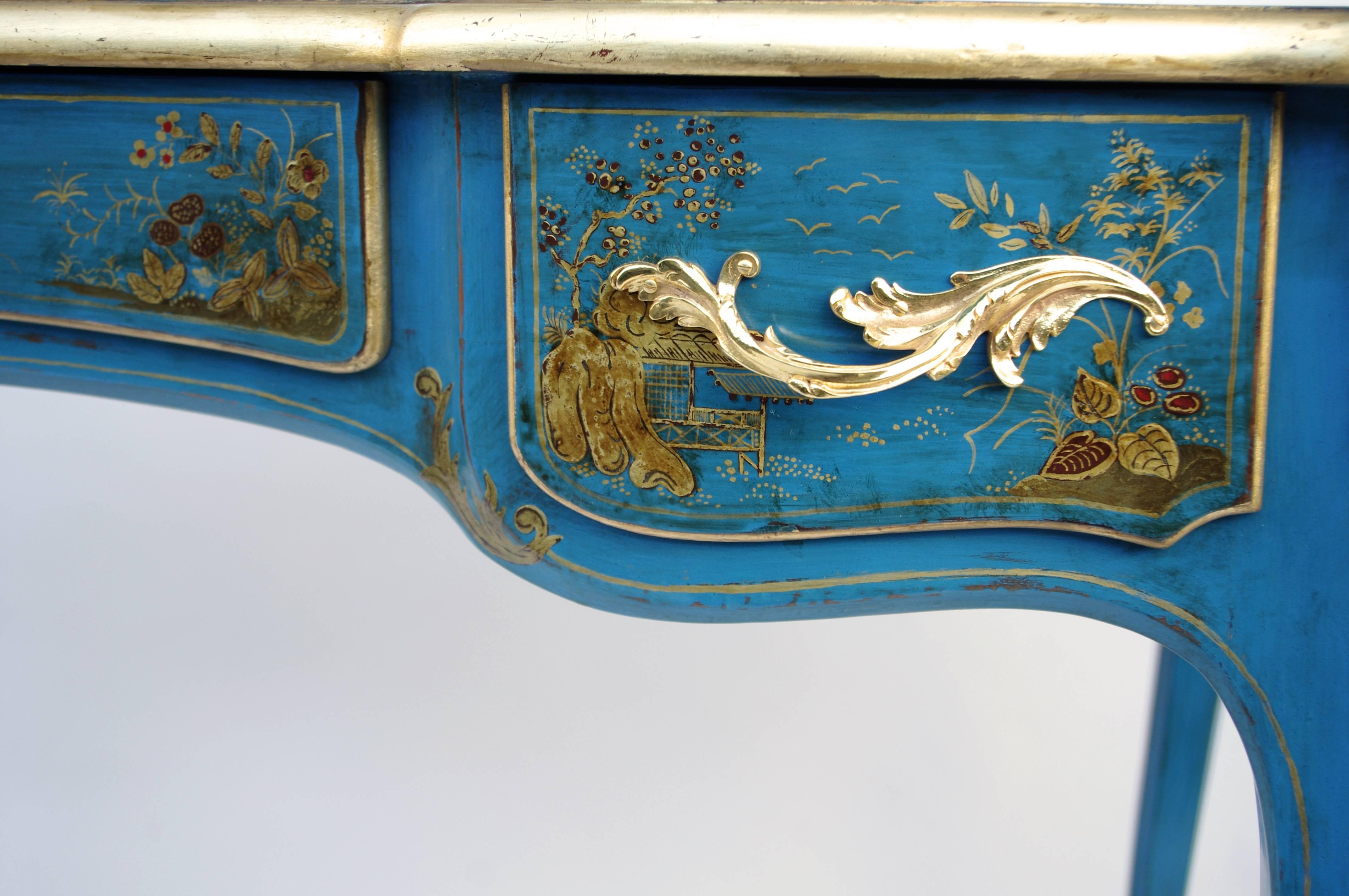 French Rare Louis XV Style Blue Lacquer Desk with Gilt Decor Chinoiserie, circa 1900