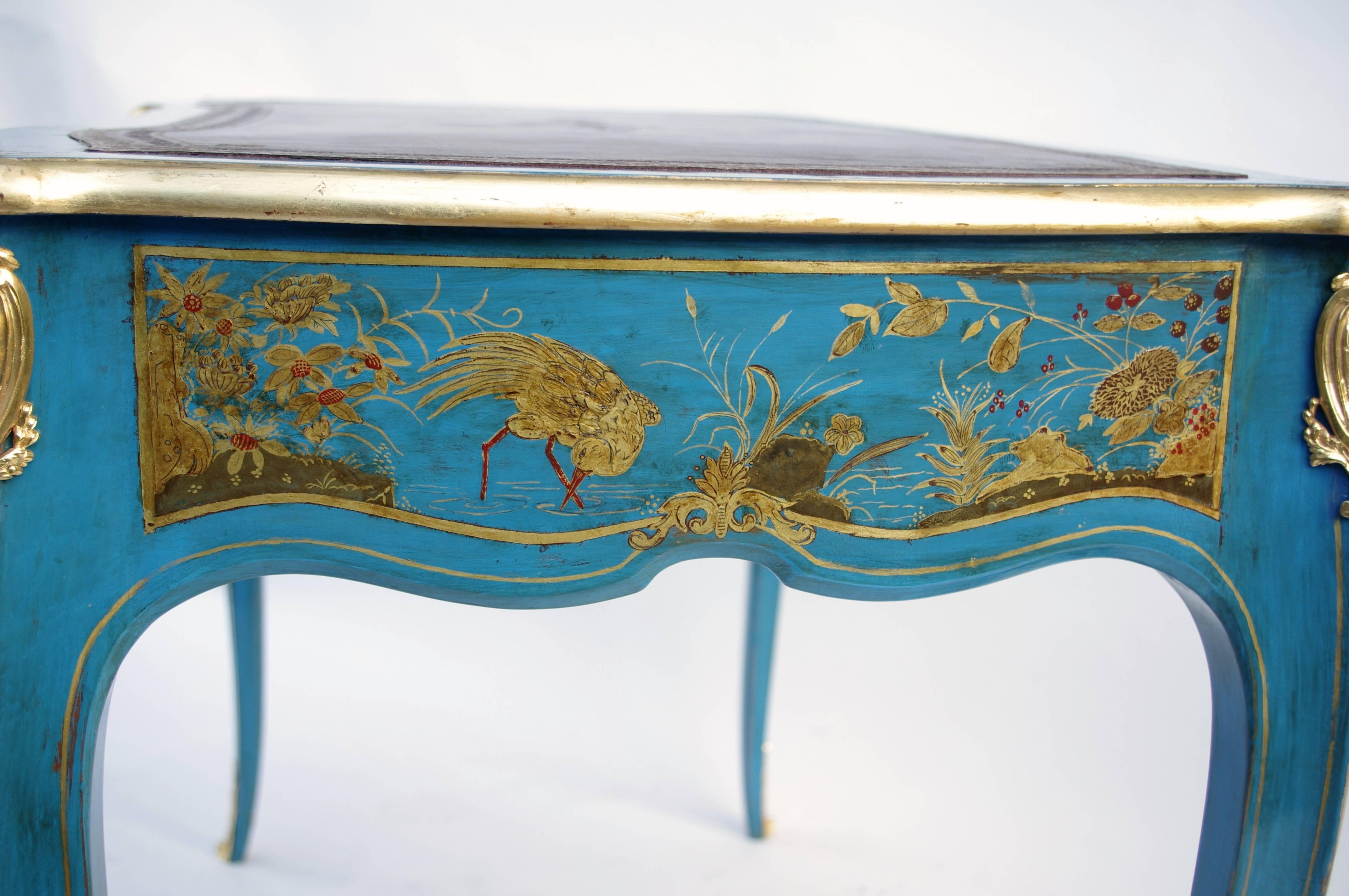 Rare Louis XV Style Blue Lacquer Desk with Gilt Decor Chinoiserie, circa 1900 5