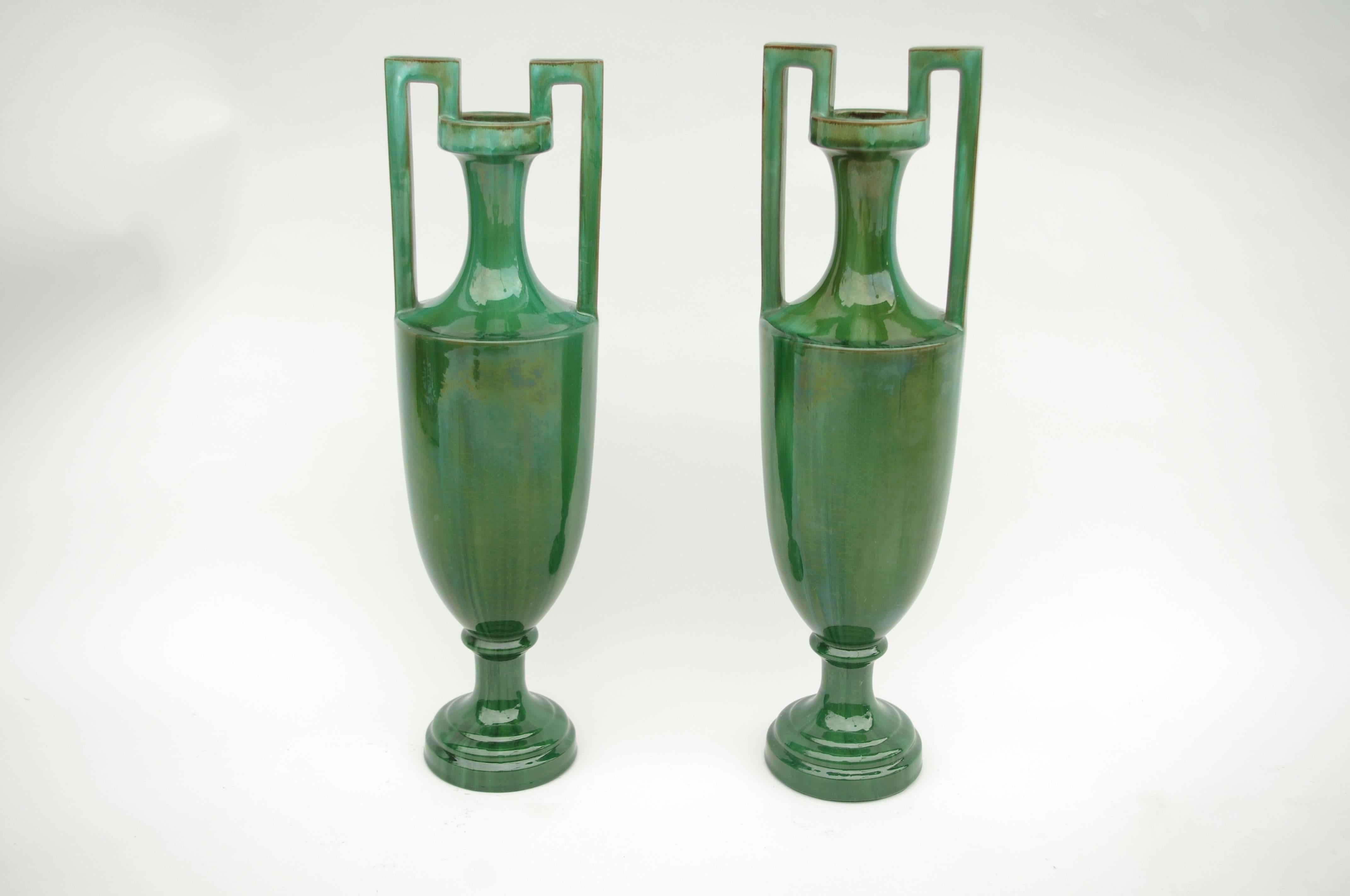 Neoclassical Pair of Green Ceramic Amphoras, circa 1900