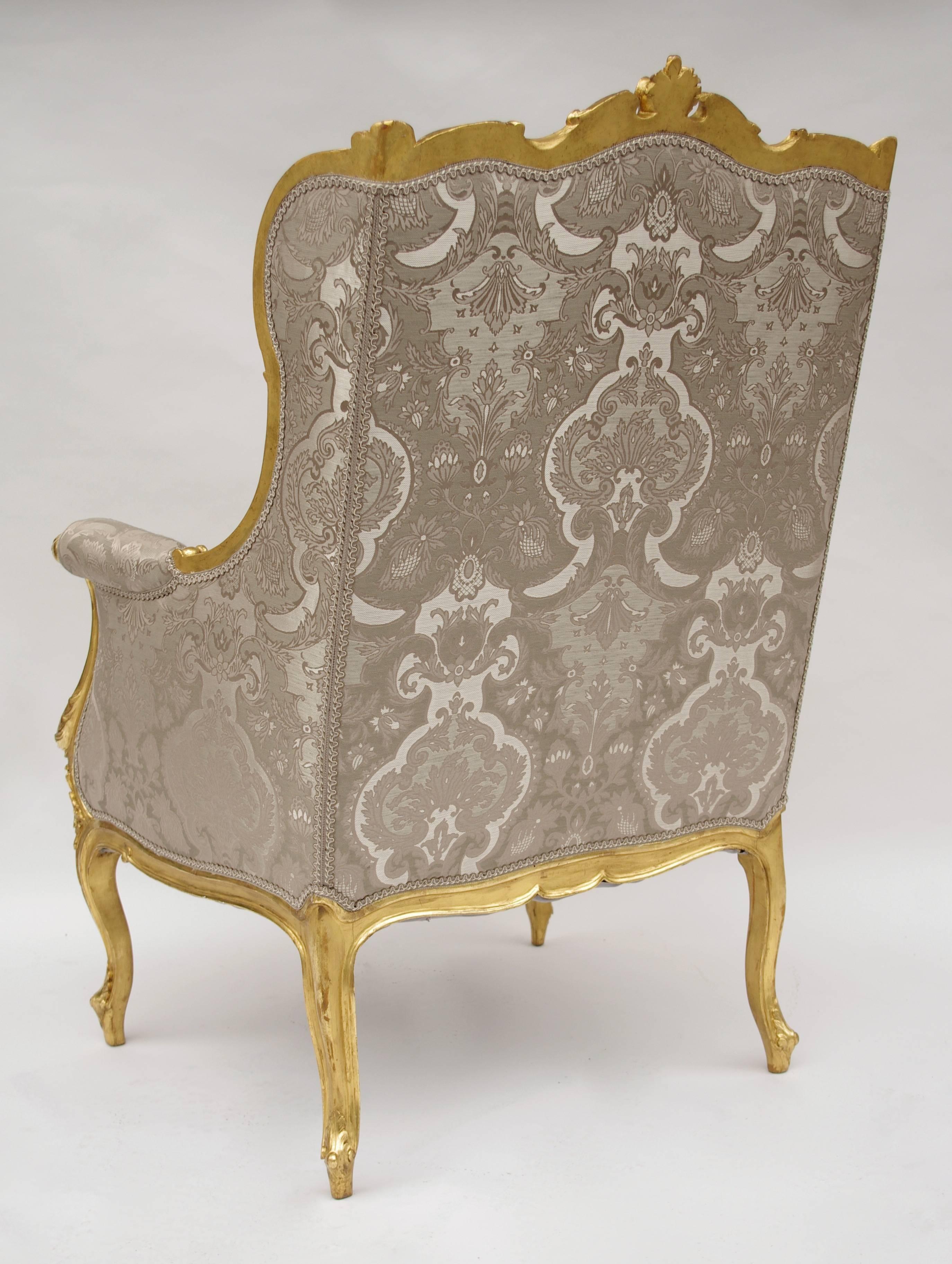 French Great Louis XV Style Bergère in Gilt and Carved Wood