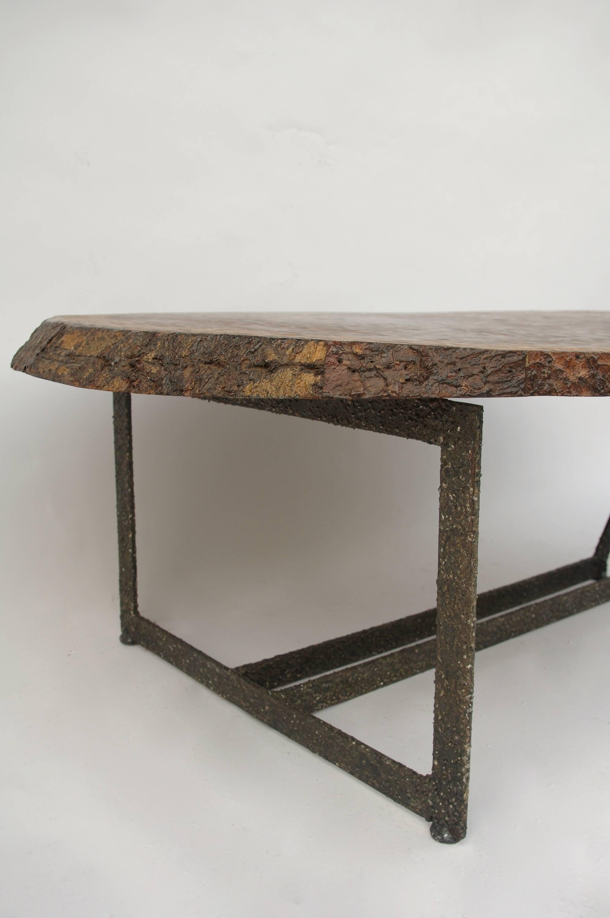 French Large Coffee Table in Hammered Wood by Thierry Jacques