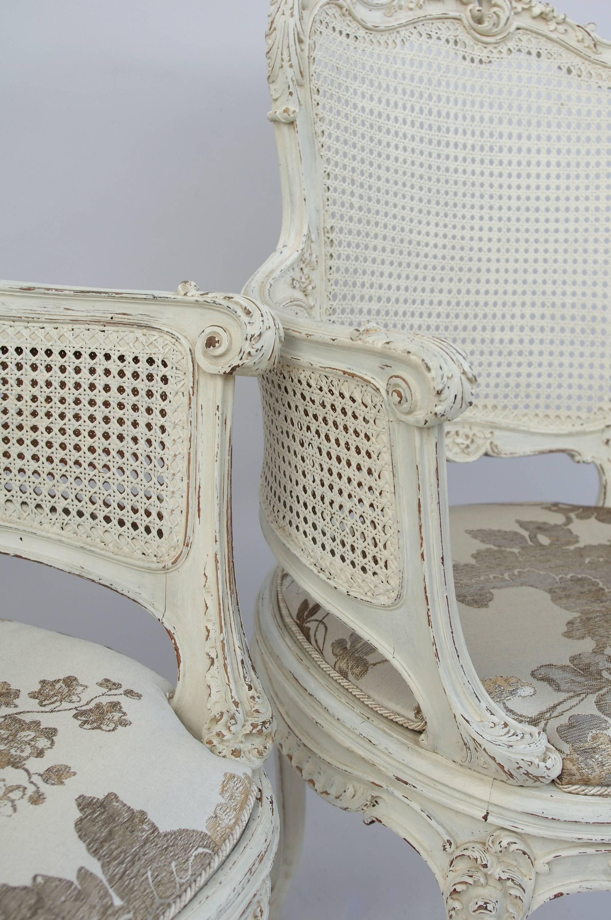 Late 19th Century 19th Century Pair of Louis XV Style White Lacquer Armchairs
