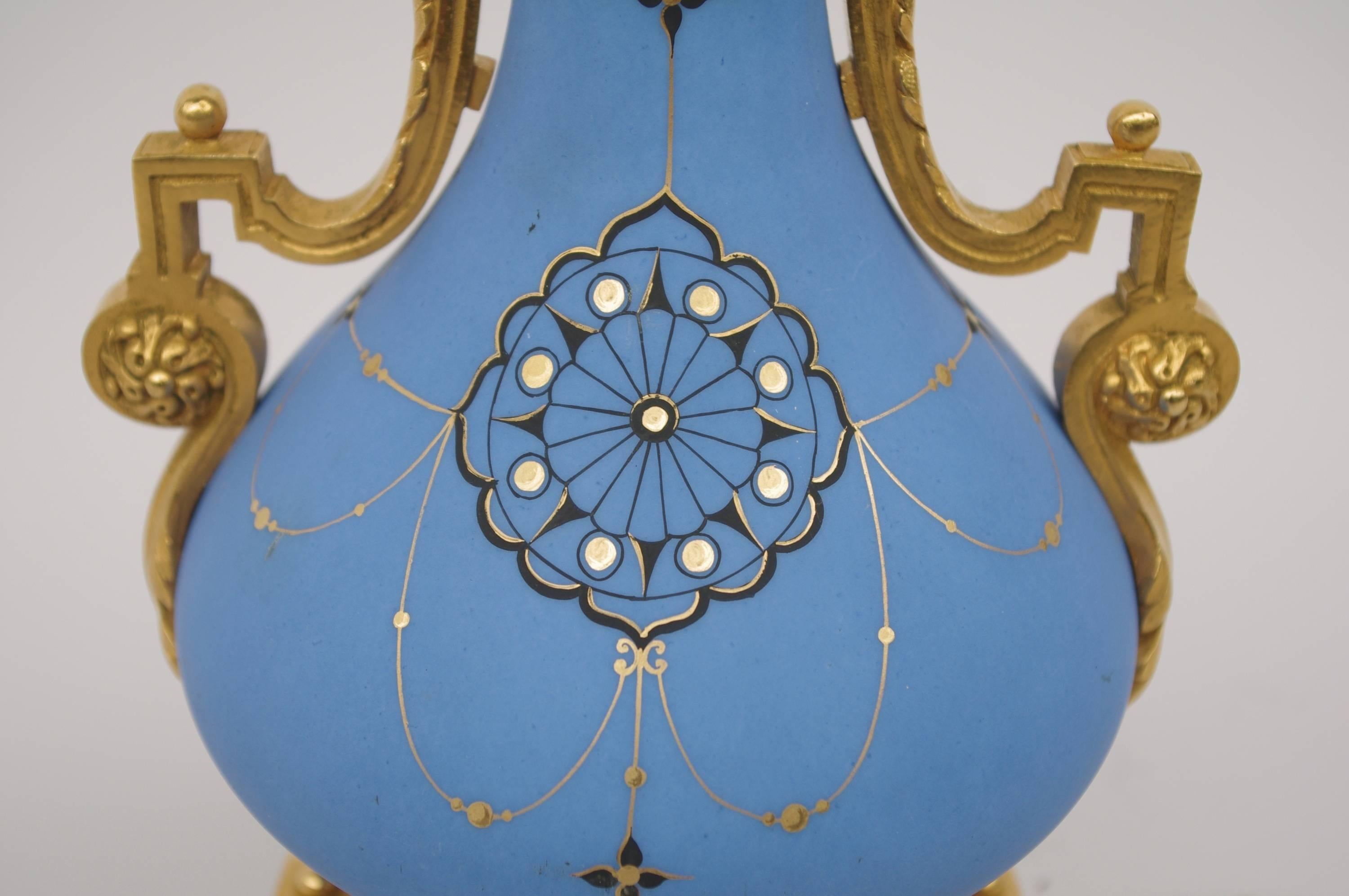 Napoleon III Pair of Blue Mat Paris Porcelain Lamps, 19th Century