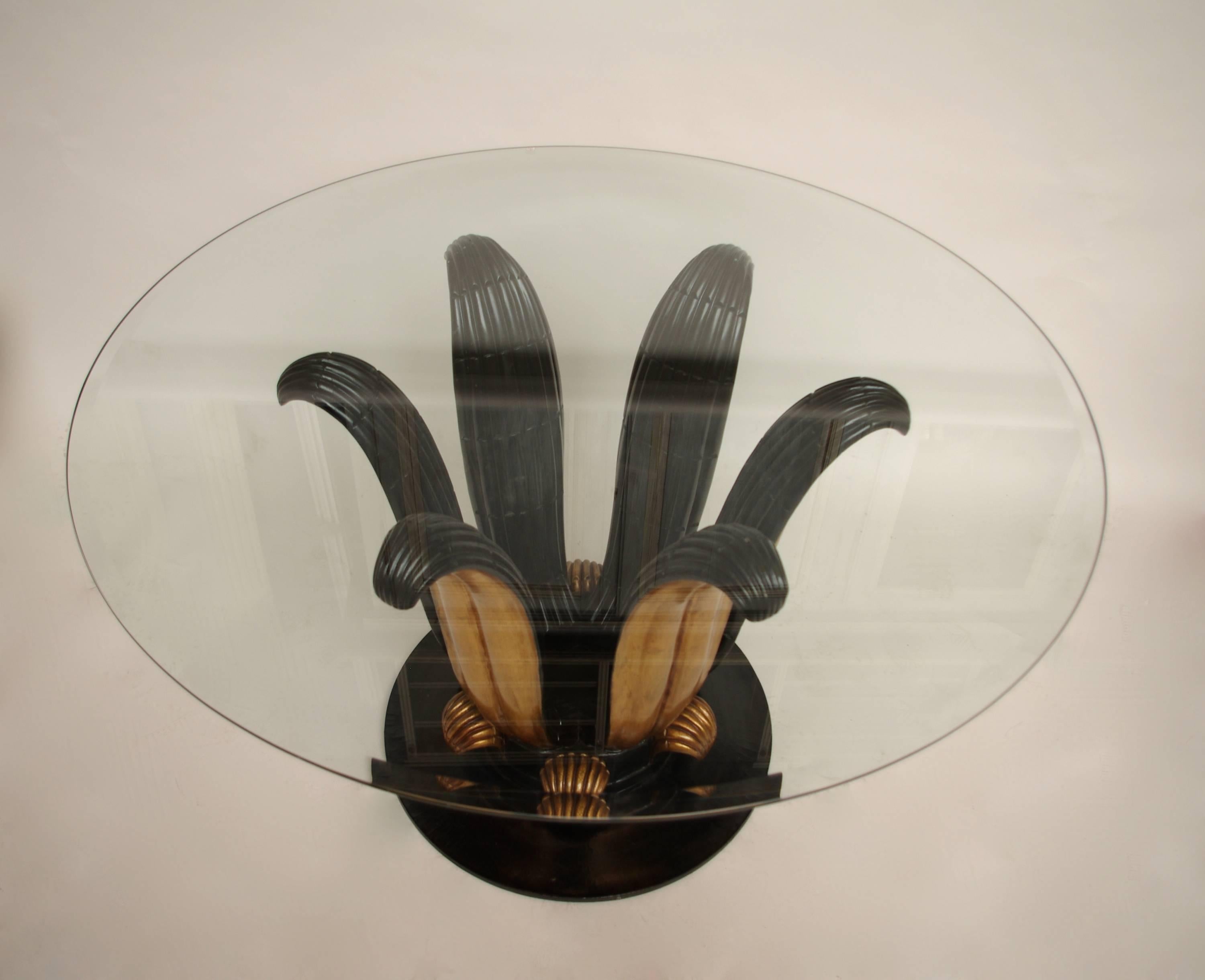 Large Pedestal Table in Black Lacquer and Giltwood with Round Glass Top 3