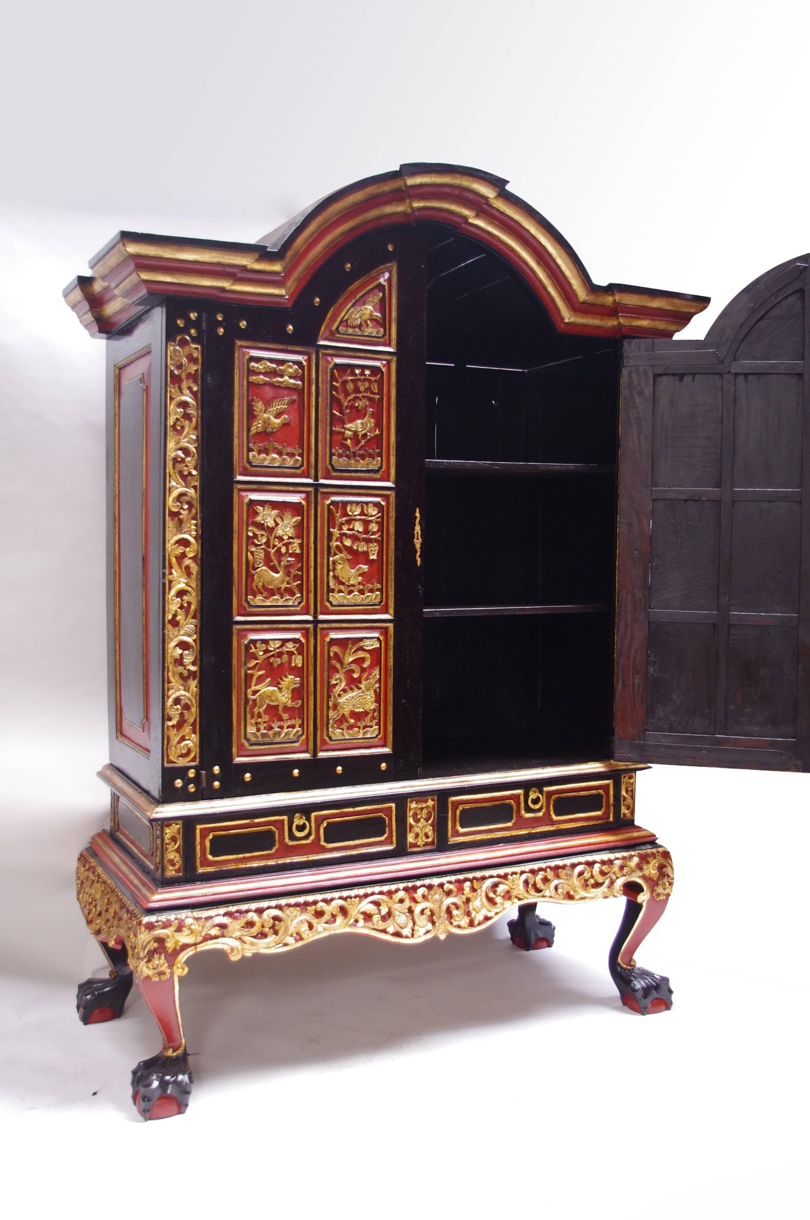 Dutch Colonial Large Indo-Dutch Black Red and Gold Lacquer Cabinet