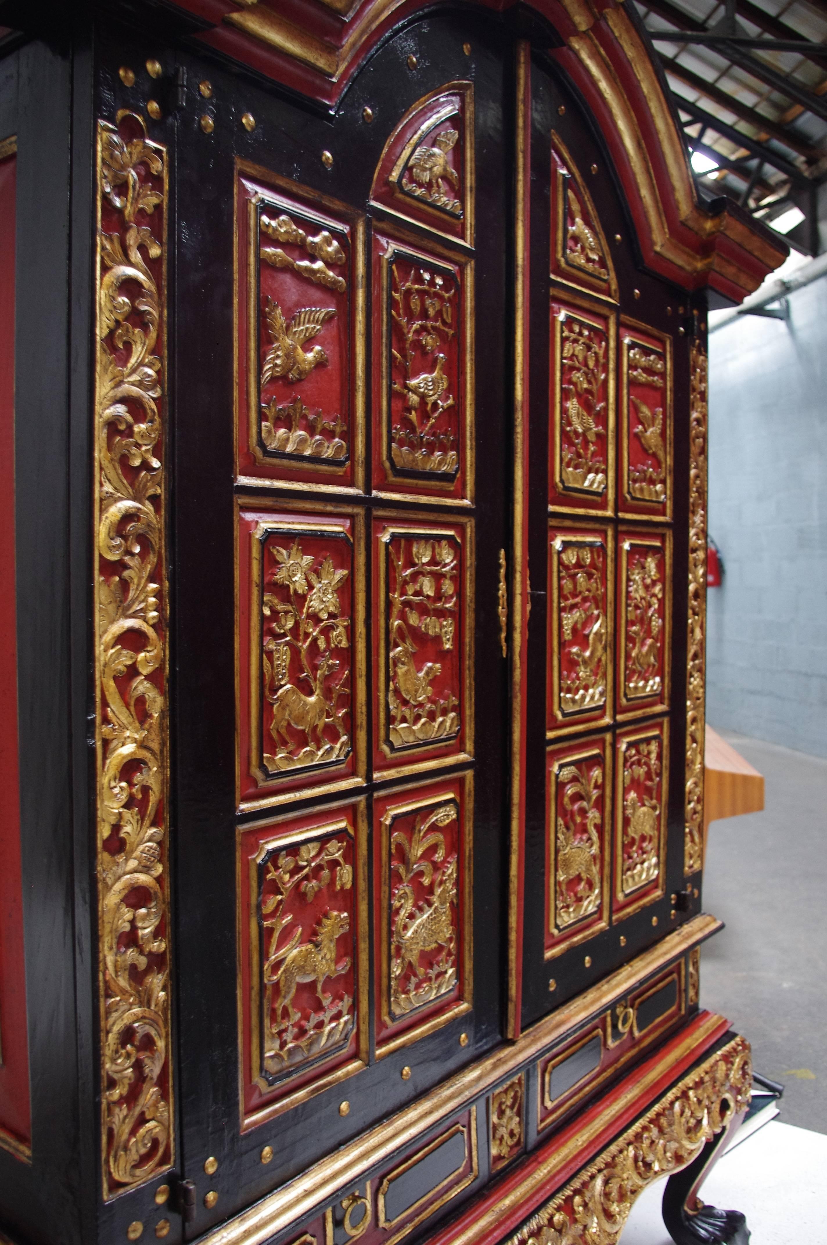 Early 20th Century Large Indo-Dutch Black Red and Gold Lacquer Cabinet