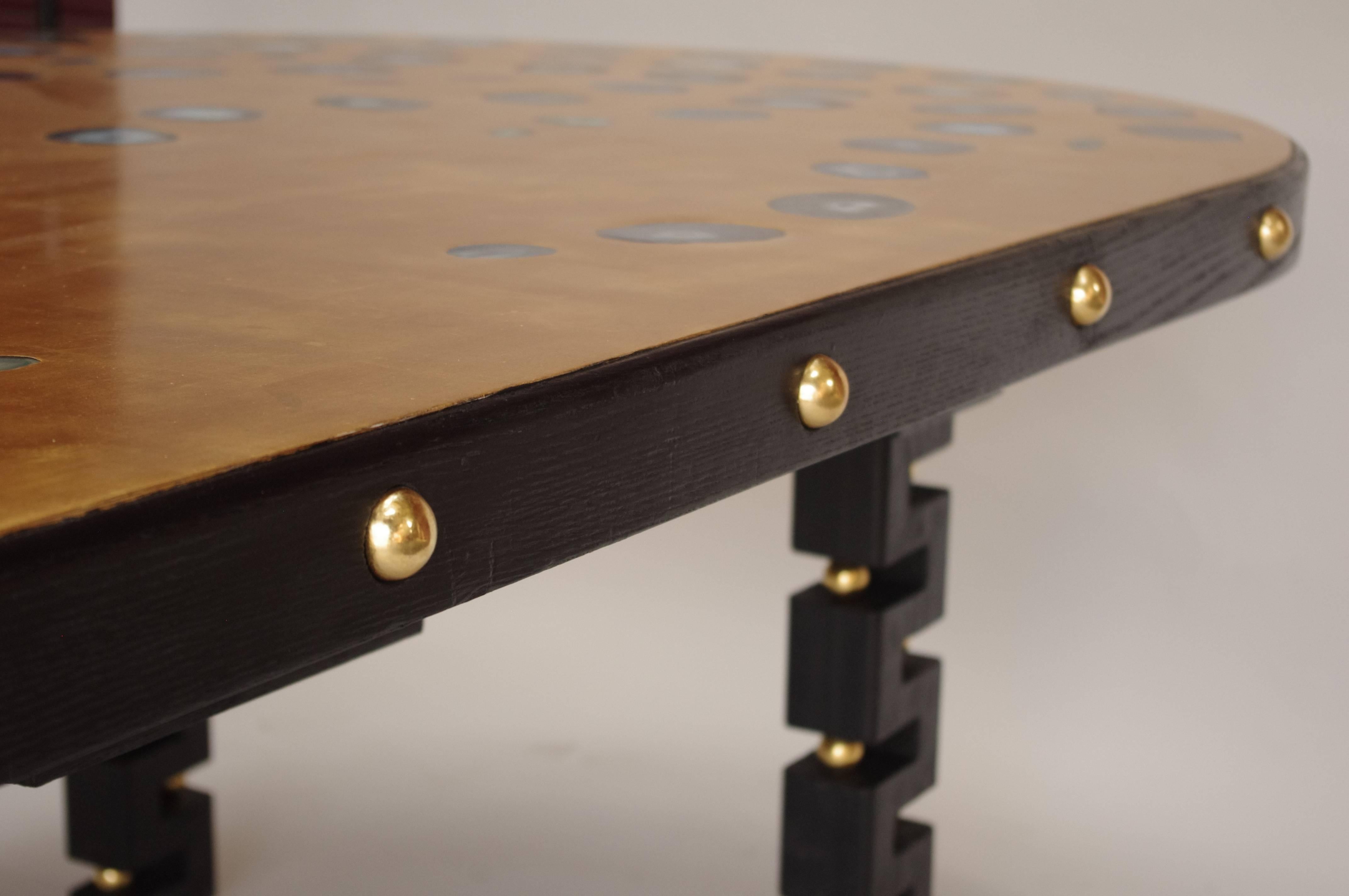 European Large blackened oak table with gilt tray inlaid of agates, contemporary work For Sale