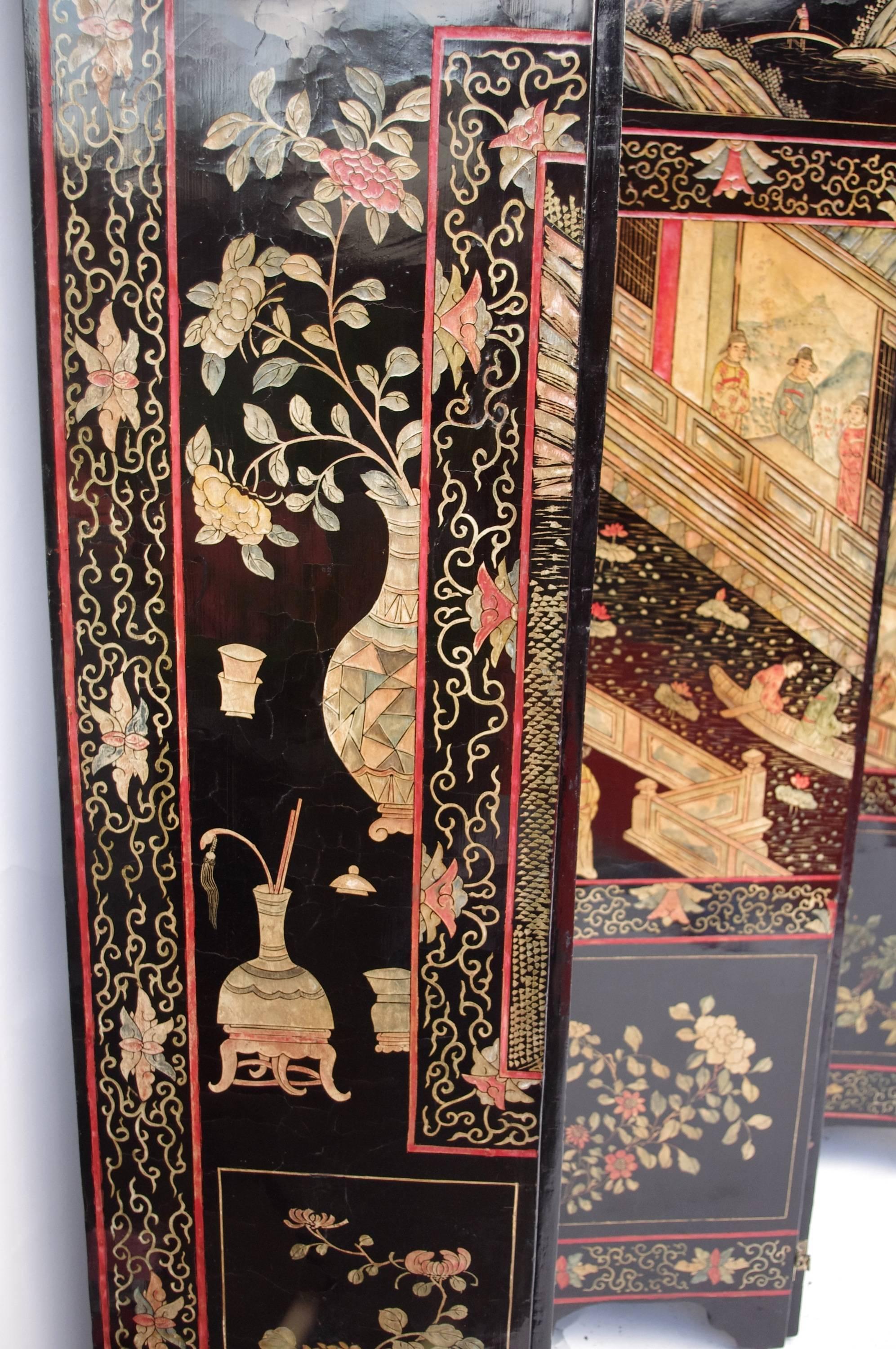 Coromandel Chinese Lacquer Polychrome Eight Folding Screen, circa 1880 2