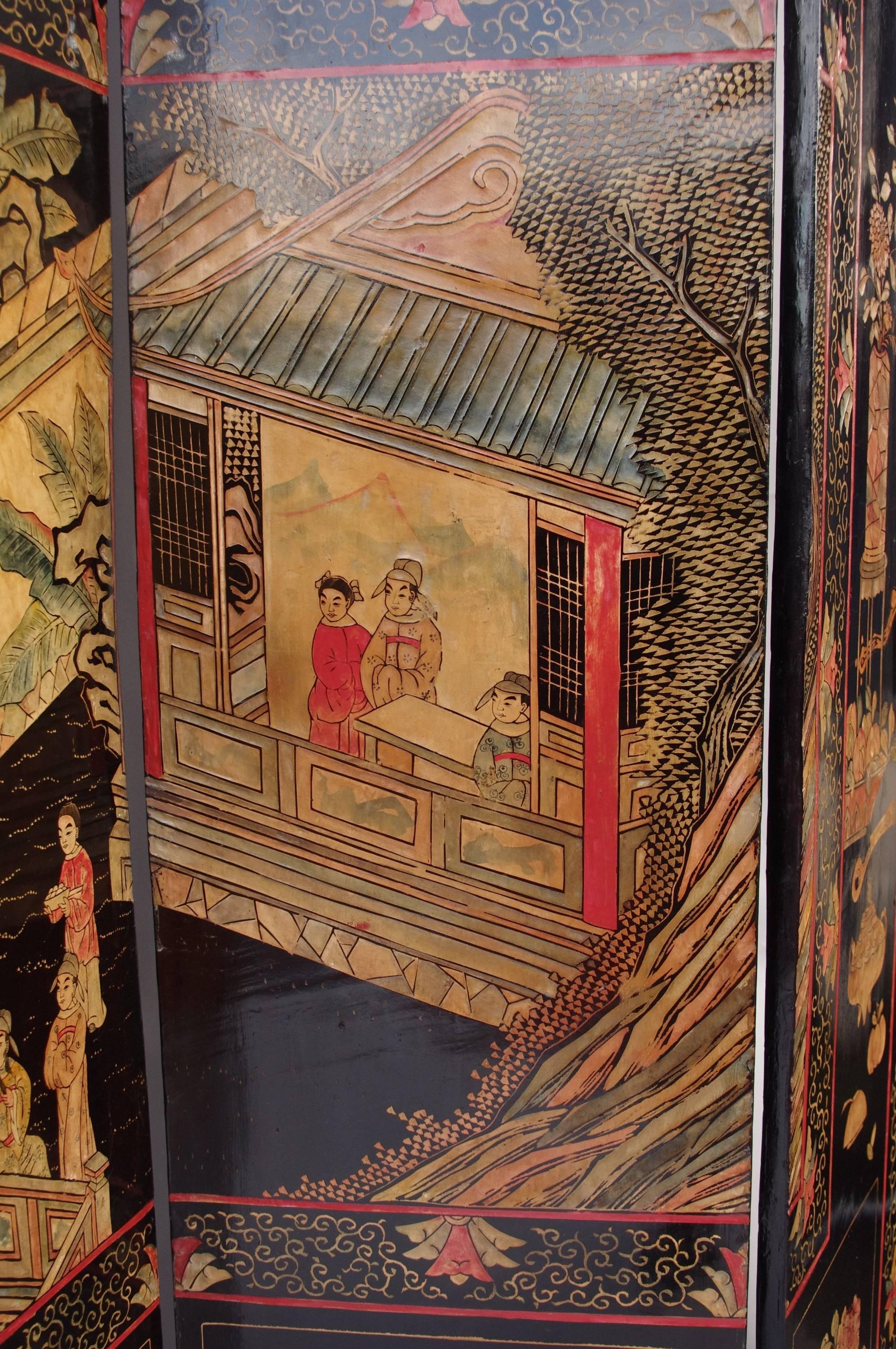 Coromandel Chinese Lacquer Polychrome Eight Folding Screen, circa 1880 3