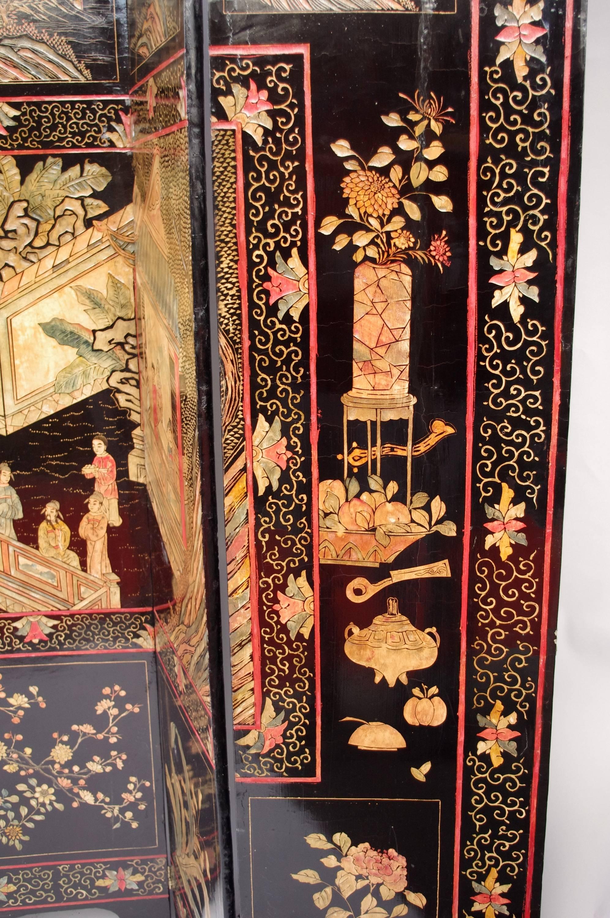 Coromandel Chinese Lacquer Polychrome Eight Folding Screen, circa 1880 4