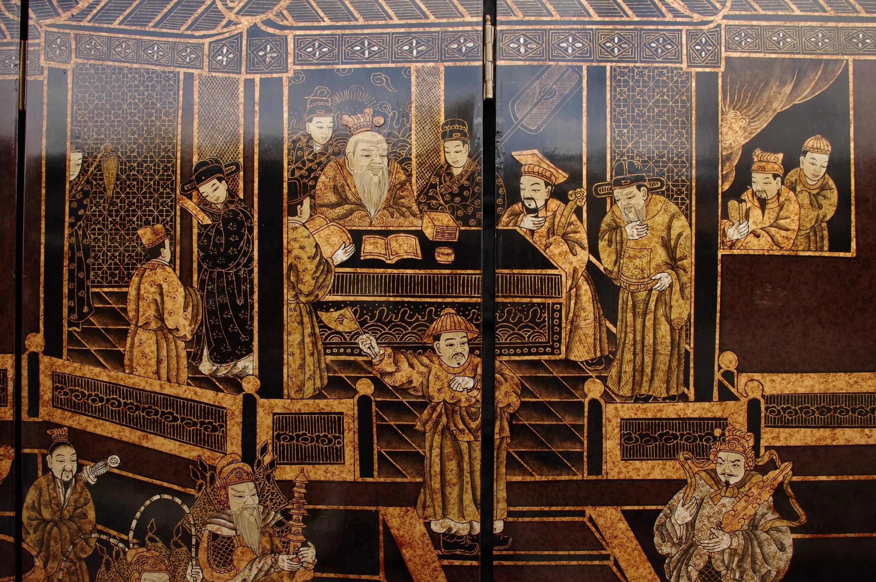 Chinese Export Chinese Lacquer Black and Gold Eight Folding Screen, circa 1900