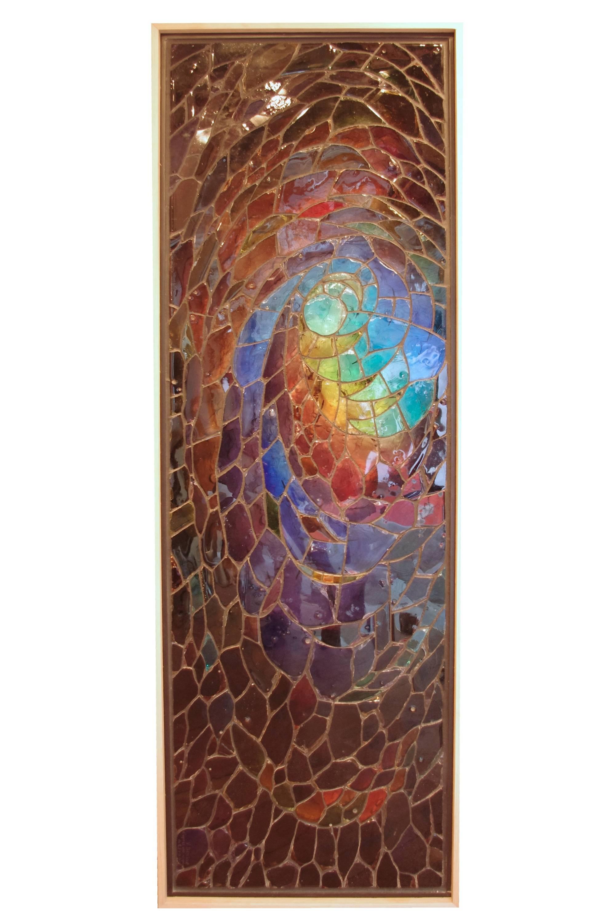 Created in 1998.
Signed V.DENIAU (Victor Deniau) and titled "d’après une esquisse de E.FRADIN". Monsieur Fradin was an artist and sponsor of this stained glass work.
Framed and backlit.
Tinted and sculpted glass slab in the mass.